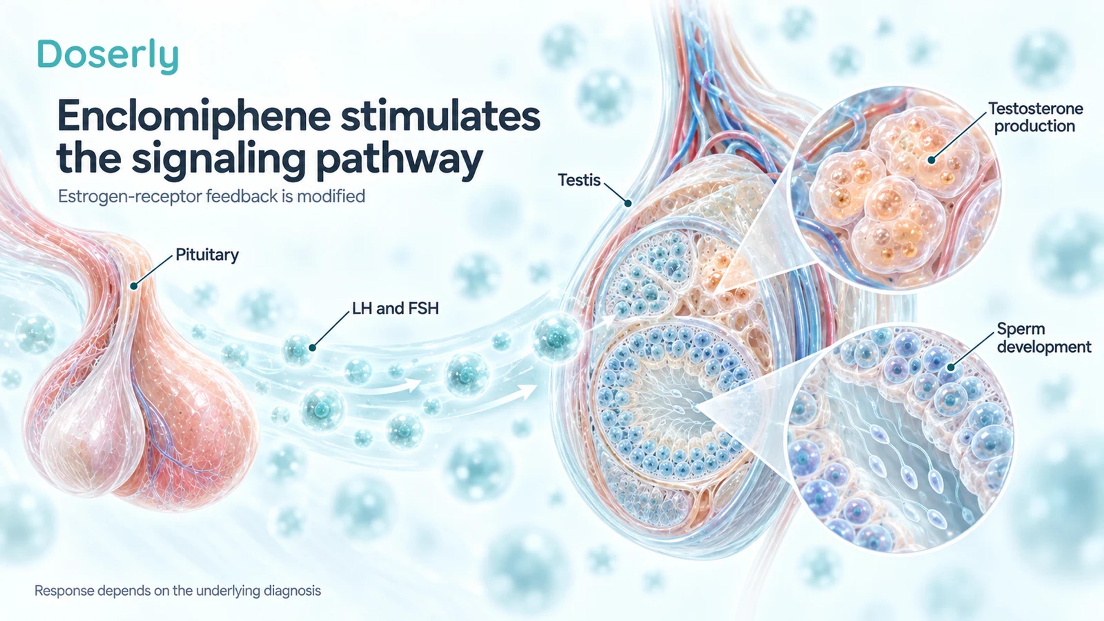 An isolated pituitary gland sends conceptual LH and FSH signals toward a testis, with separate insets of testosterone-producing cells and developing sperm.