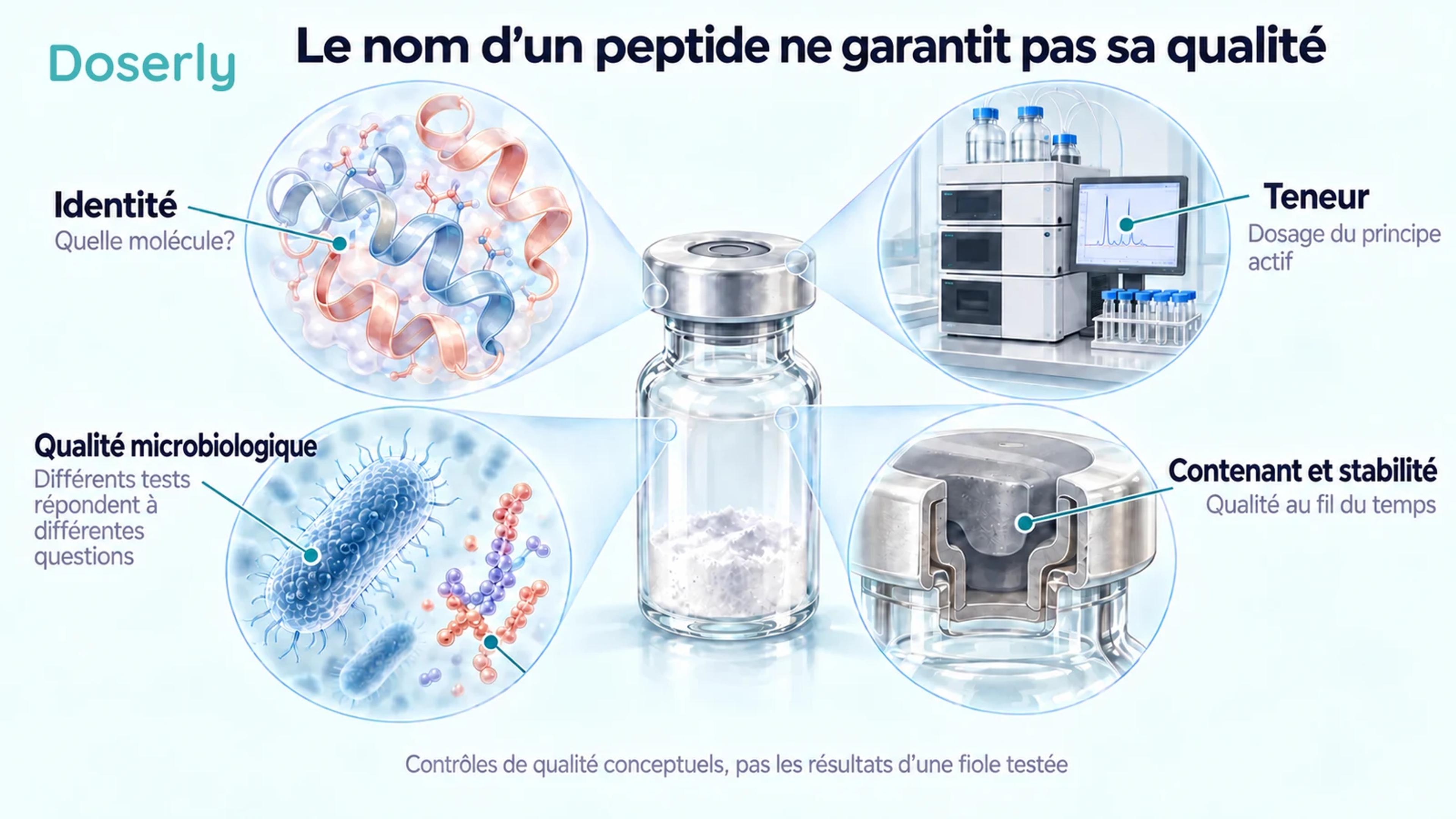 Une fiole entourée d’exemples illustrés de l’identité moléculaire, de la quantité, de la qualité microbiologique et de l’intégrité du contenant.