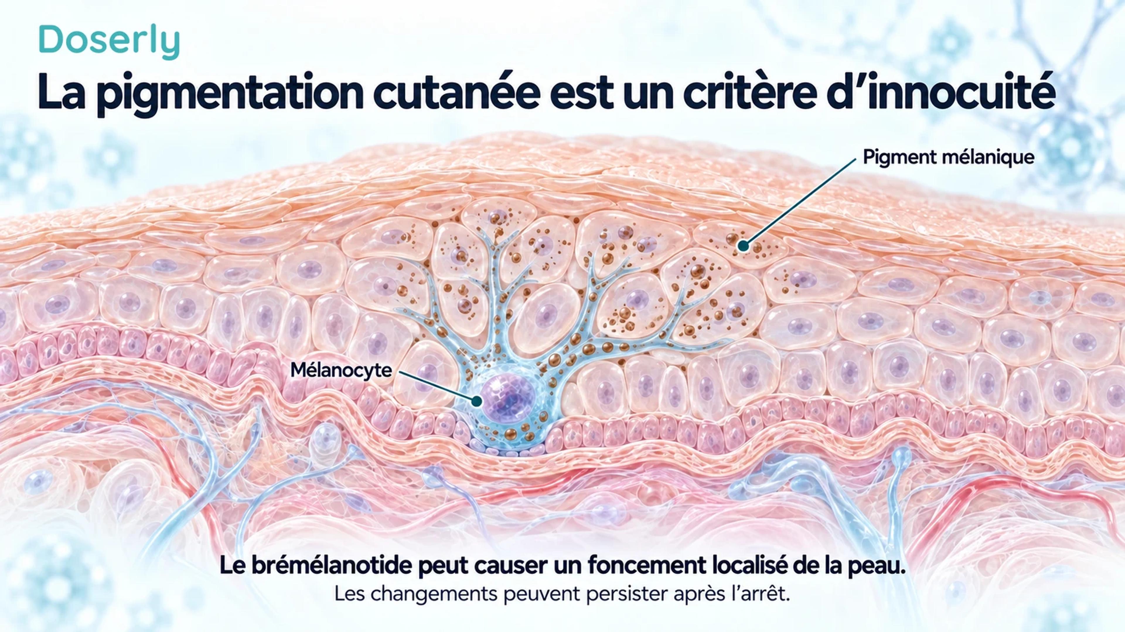 Coupe détaillée de la peau montrant un mélanocyte et le pigment mélanique dans les cellules épidermiques environnantes.