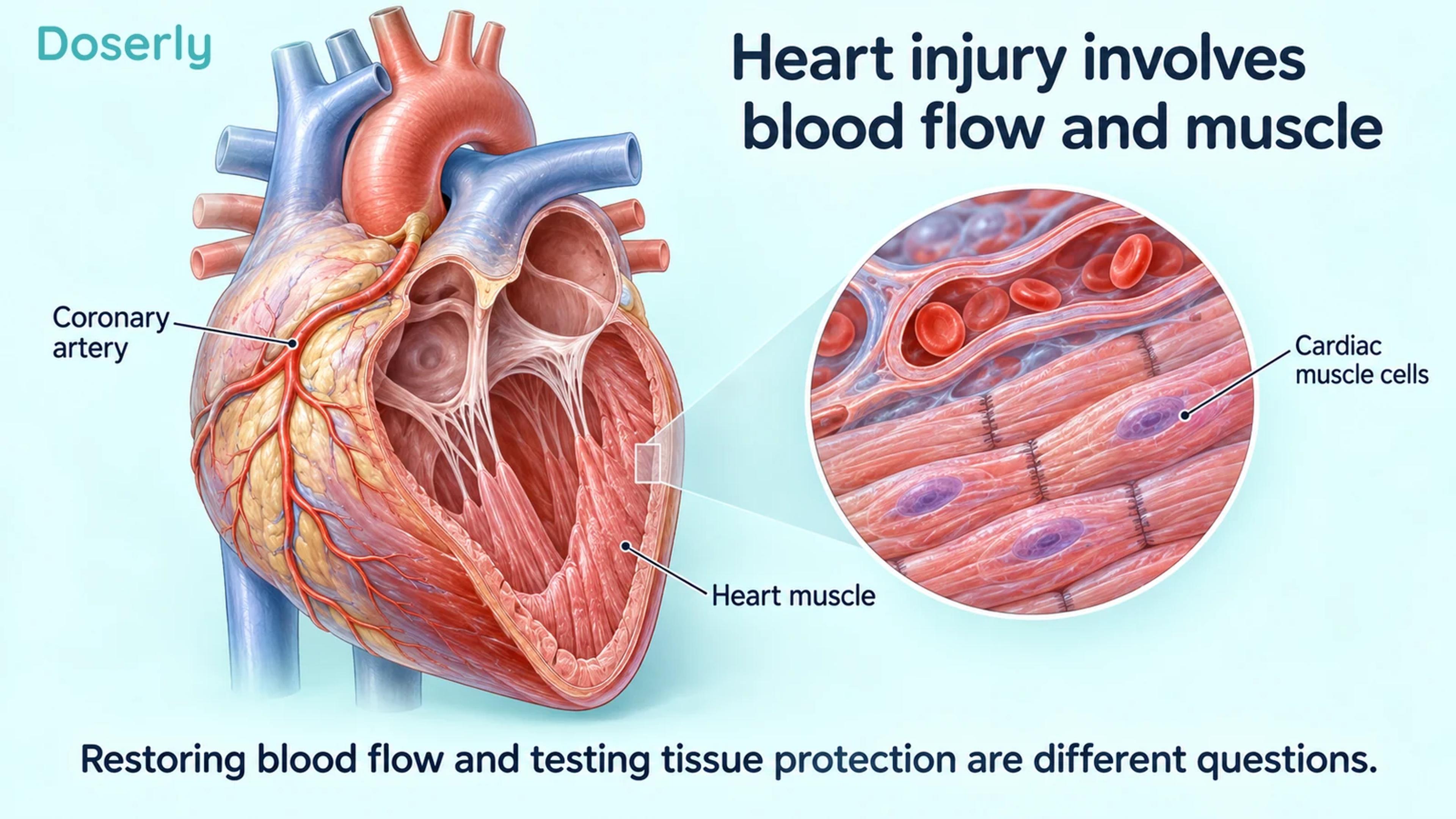Detailed heart cutaway shows coronary blood supply and heart muscle with a magnified cardiac-cell inset.