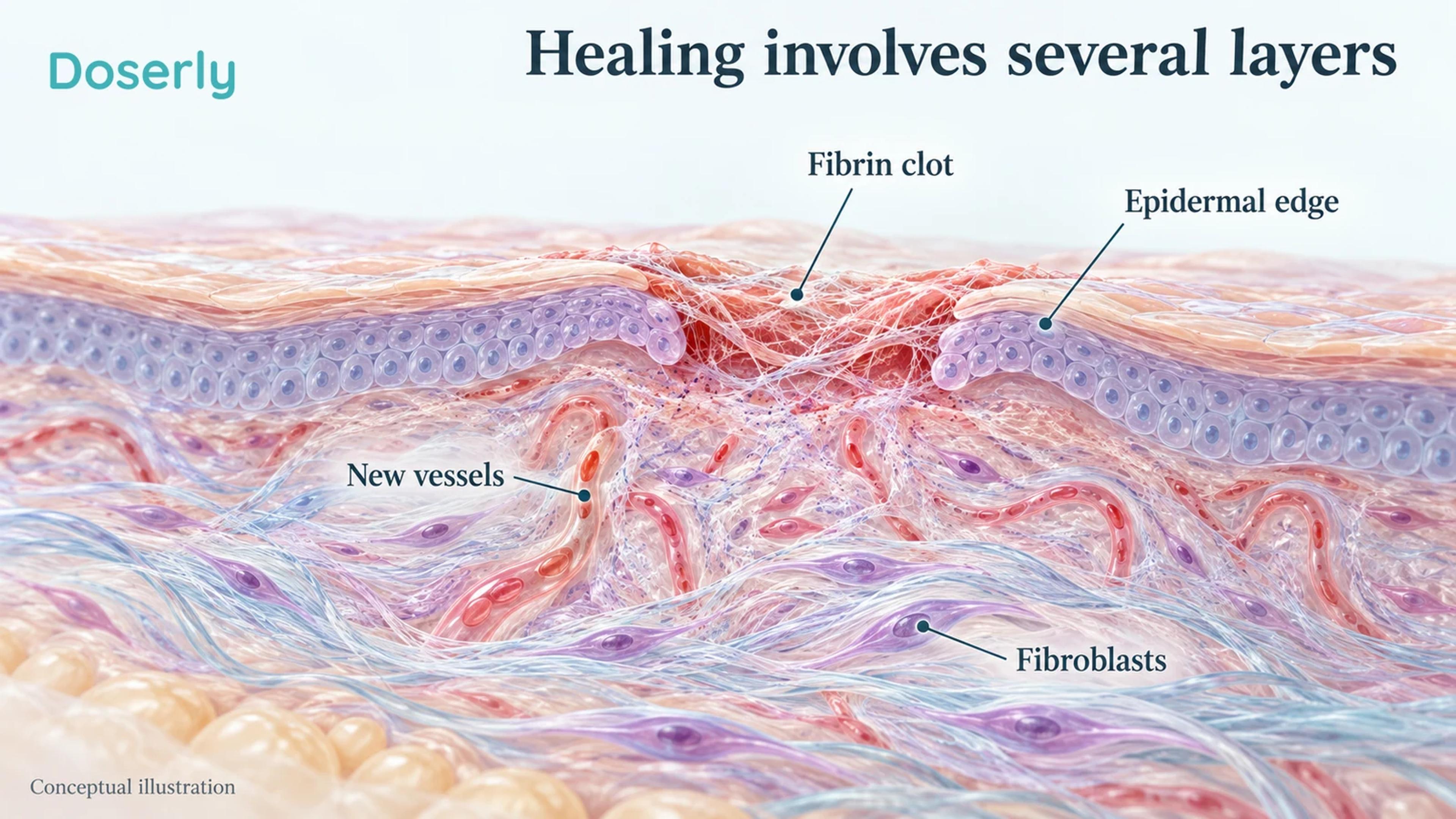 Conceptual skin wound cutaway showing a surface fibrin clot, migrating epidermal edges, small dermal vessels and fibroblasts.