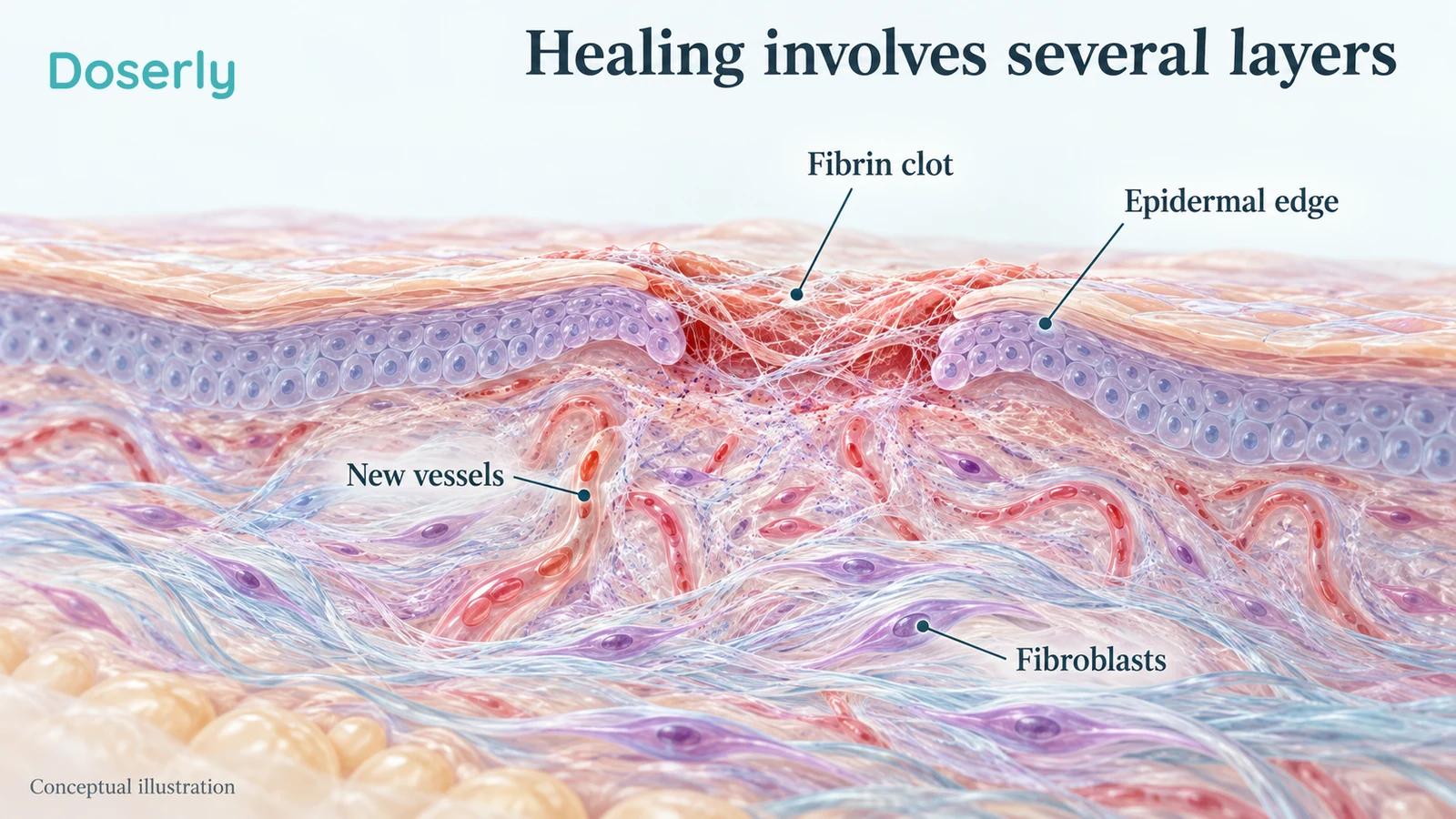 Conceptual skin wound cutaway showing a surface fibrin clot, migrating epidermal edges, small dermal vessels and fibroblasts.