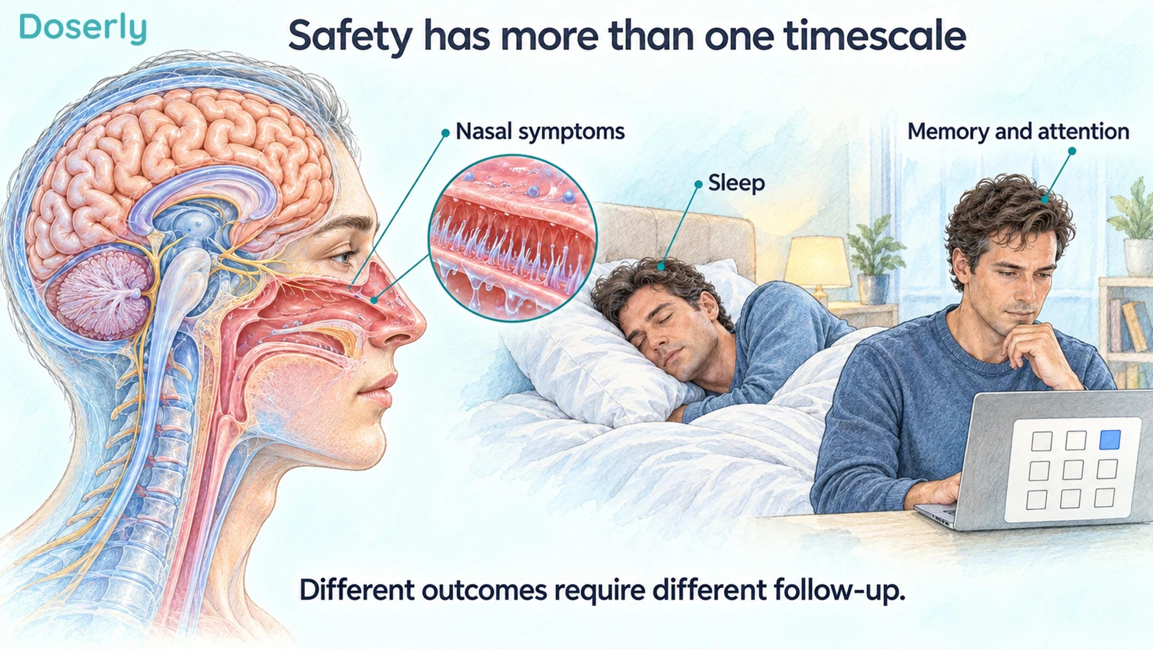 Brain and nasal anatomy beside sleep and attention-task scenes illustrate different safety domains.