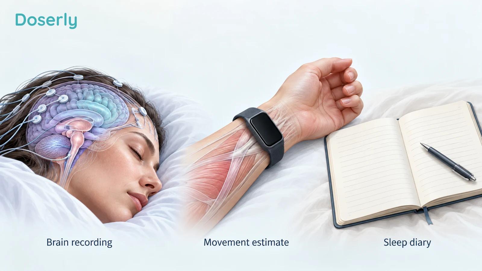 An anatomical sleeping head with EEG sensors sits beside a wrist activity monitor and a blank sleep diary.