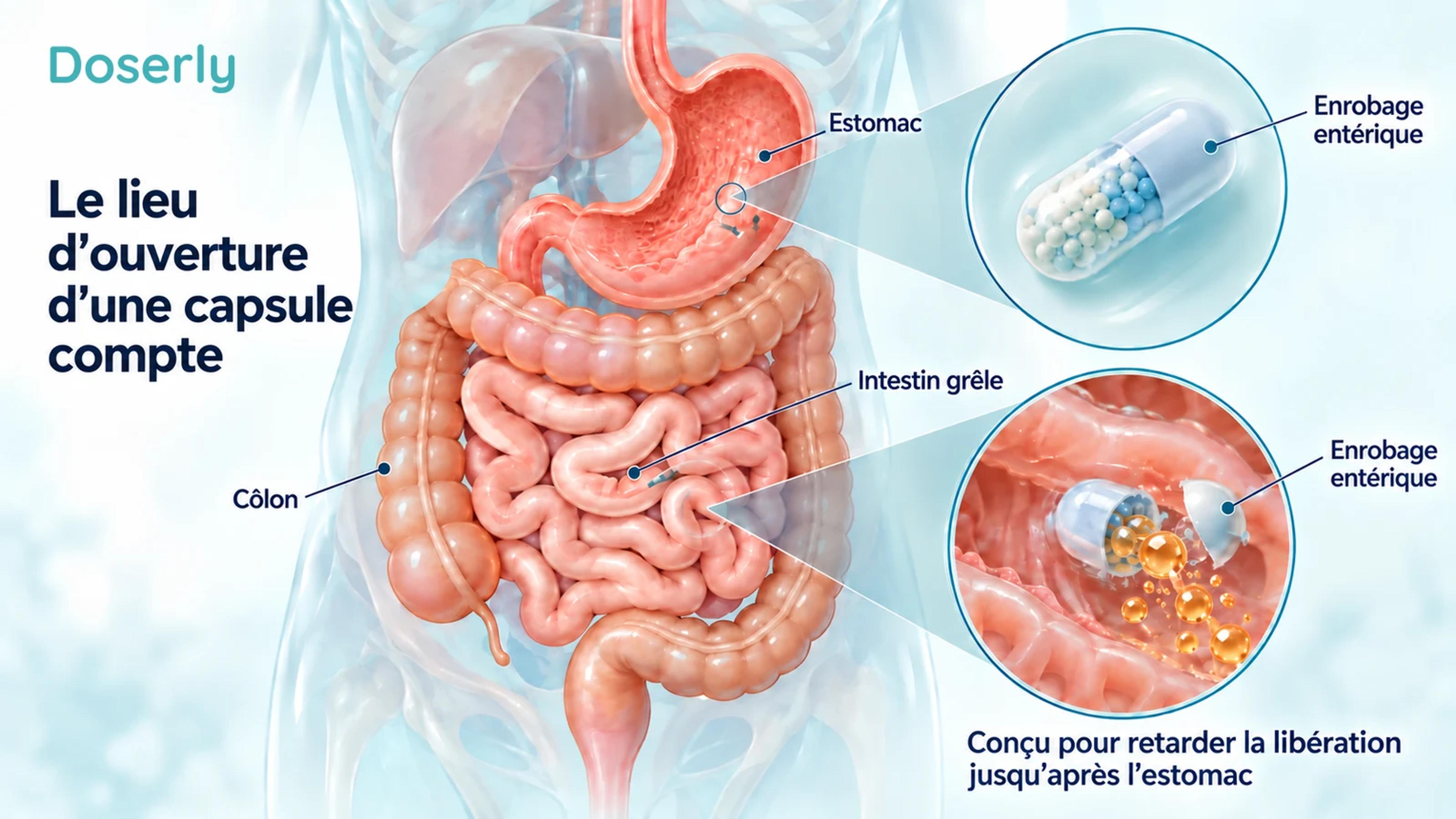 L’anatomie digestive et des encadrés montrant des capsules agrandies illustrent une libération retardée après l’estomac.