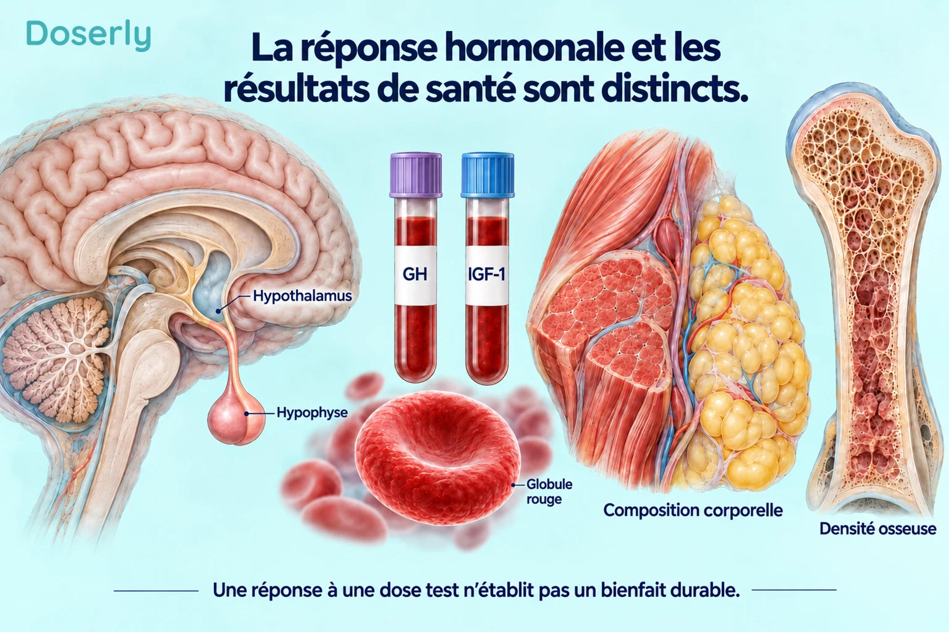 Illustration du cerveau et de l’hypophyse, de tubes de prélèvement pour la GH et l’IGF-1, d’un globule rouge, de tissus musculaire et adipeux et d’une coupe d’os