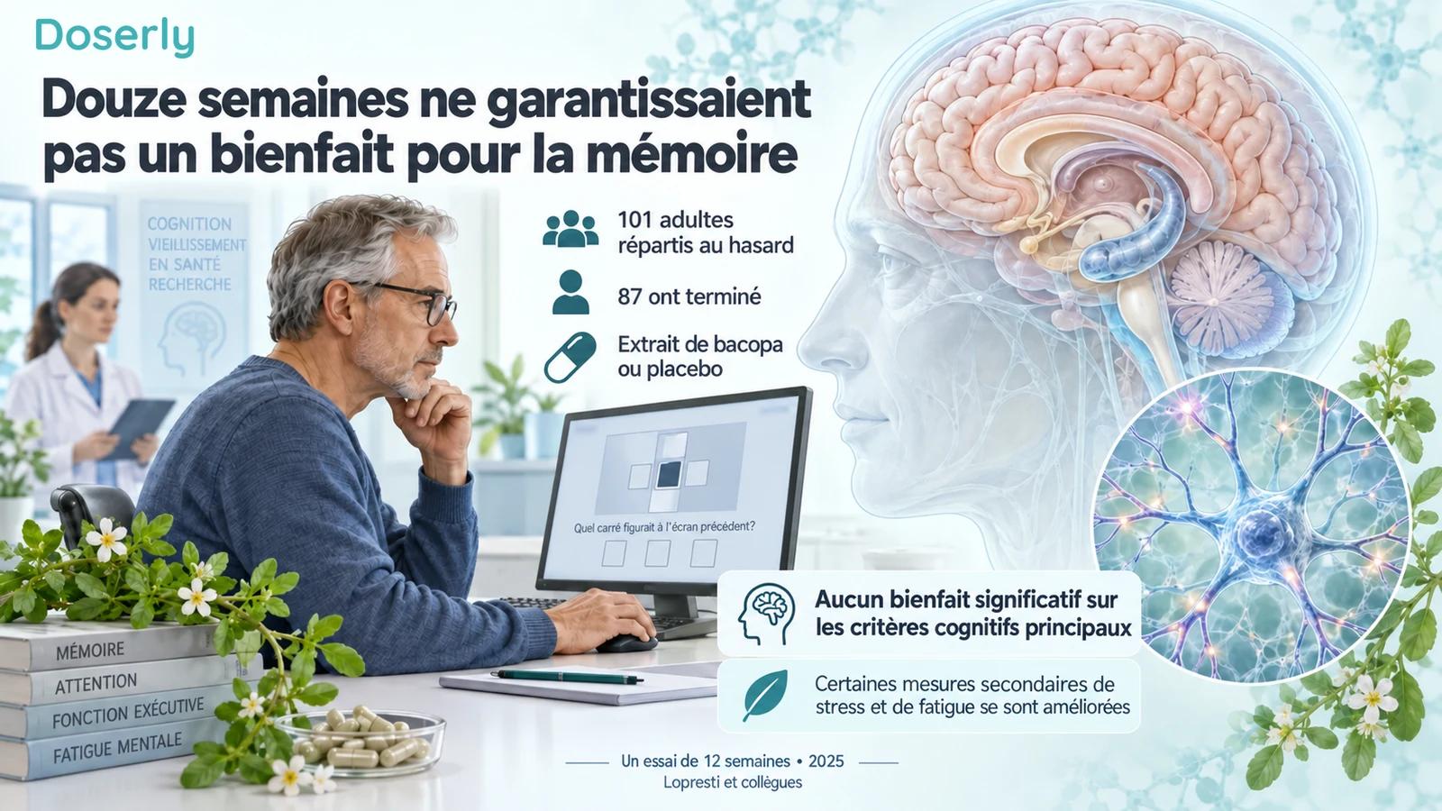 Un adulte accomplit une tâche cognitive à côté d’une représentation conceptuelle de l’anatomie du cerveau et des résultats principaux et secondaires de l’essai de 2025.