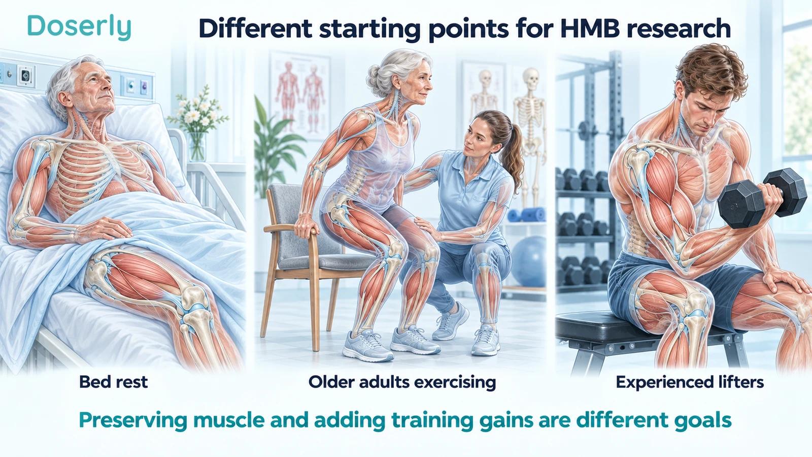 Three illustrated settings show bed rest, supervised exercise in older age and resistance training in an experienced lifter.