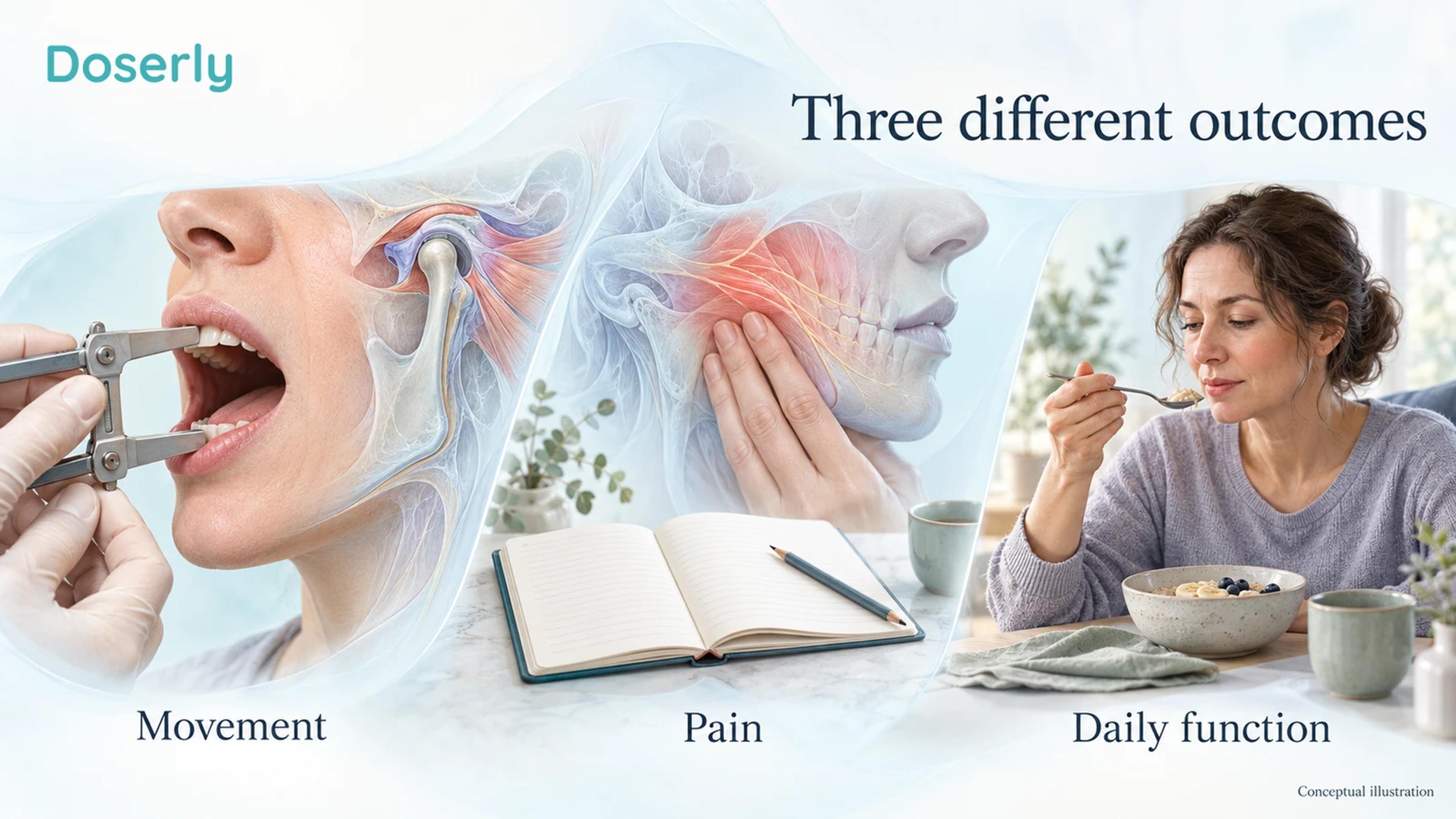 A mouth-opening examination, a blank symptom diary and a person eating represent movement, pain and daily function.