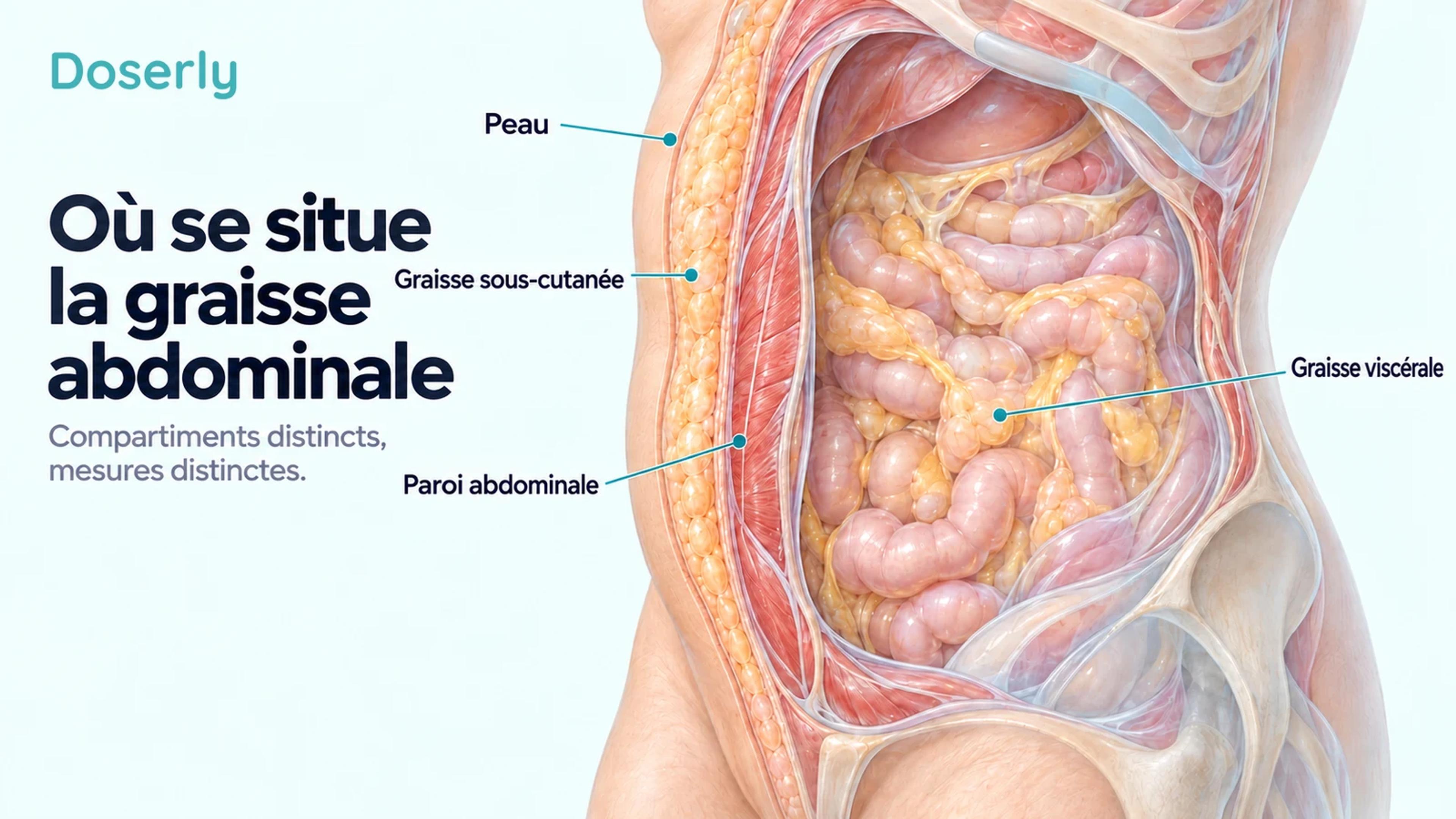Coupe détaillée de l’abdomen montrant la graisse sous-cutanée à l’extérieur de la paroi musculaire et la graisse viscérale autour des intestins