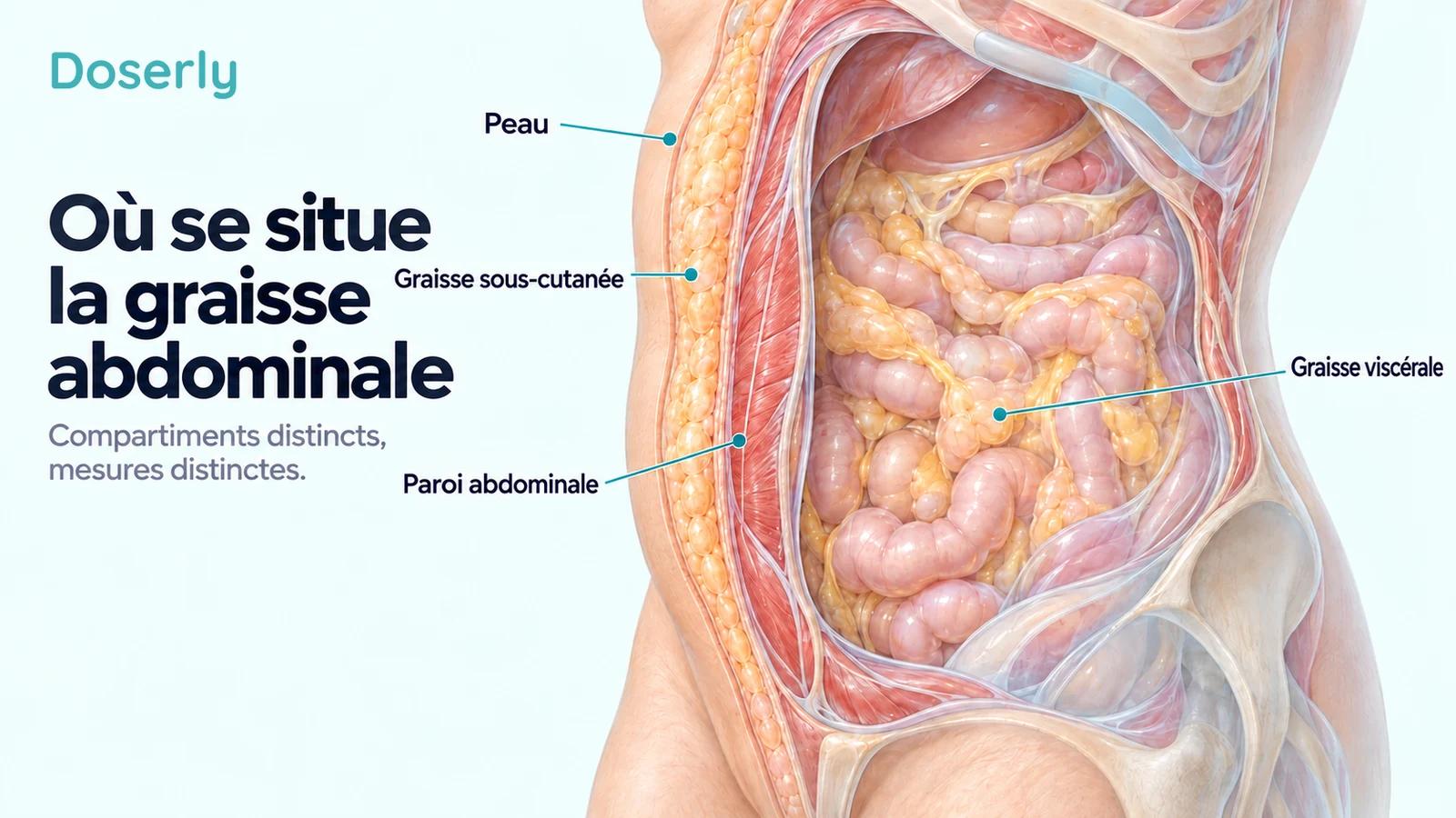Coupe détaillée de l’abdomen montrant la graisse sous-cutanée à l’extérieur de la paroi musculaire et la graisse viscérale autour des intestins
