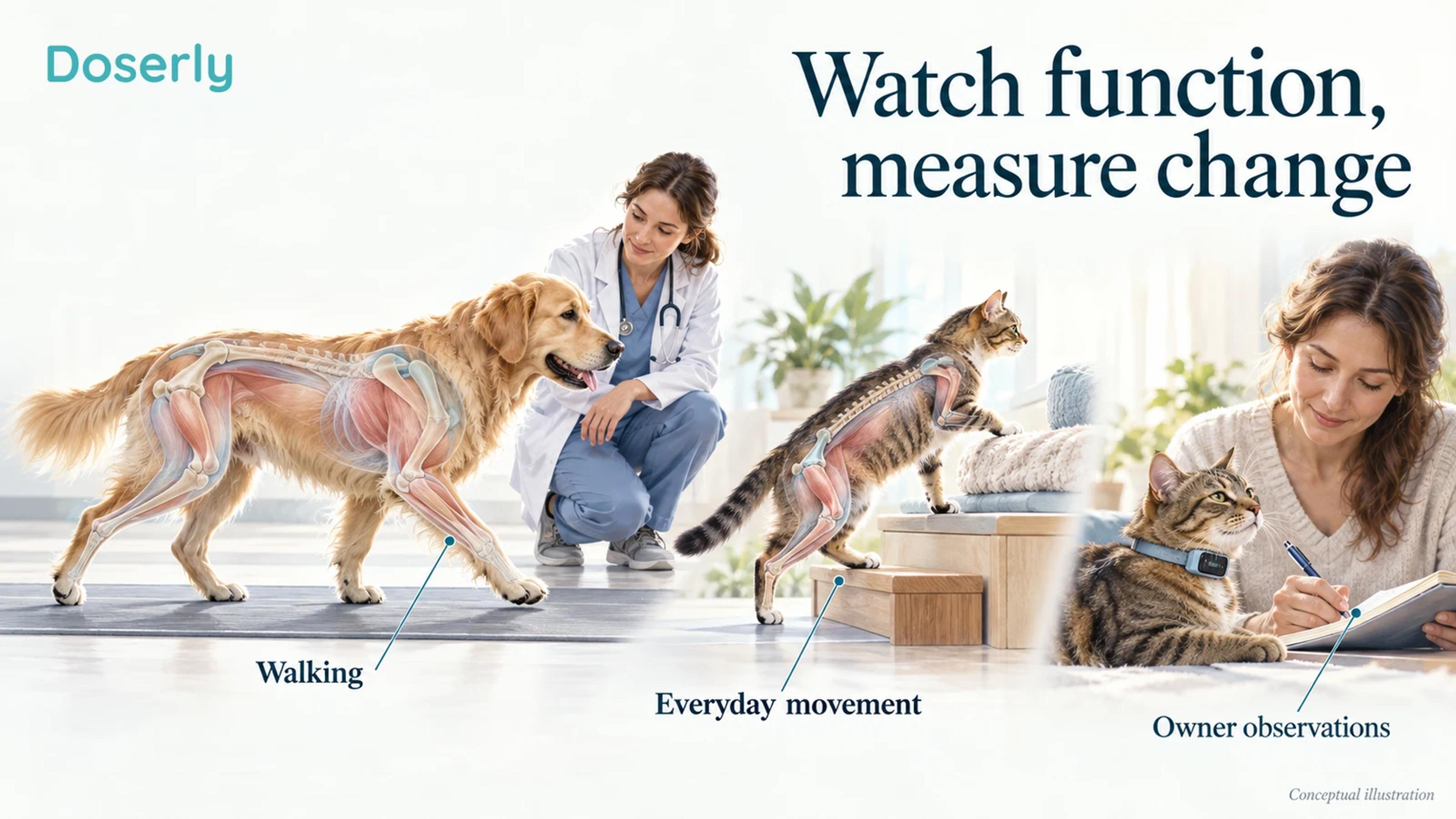 A dog walks across a measurement walkway while a cat uses a low step, beside an owner recording daily observations.