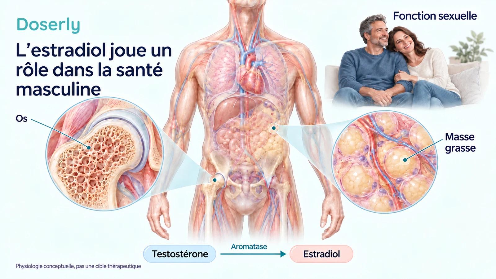 Torse masculin détaillé avec des encadrés montrant les tissus osseux et adipeux, et un couple habillé à part représentant la fonction sexuelle, sans attribuer celle-ci à une région du cerveau.