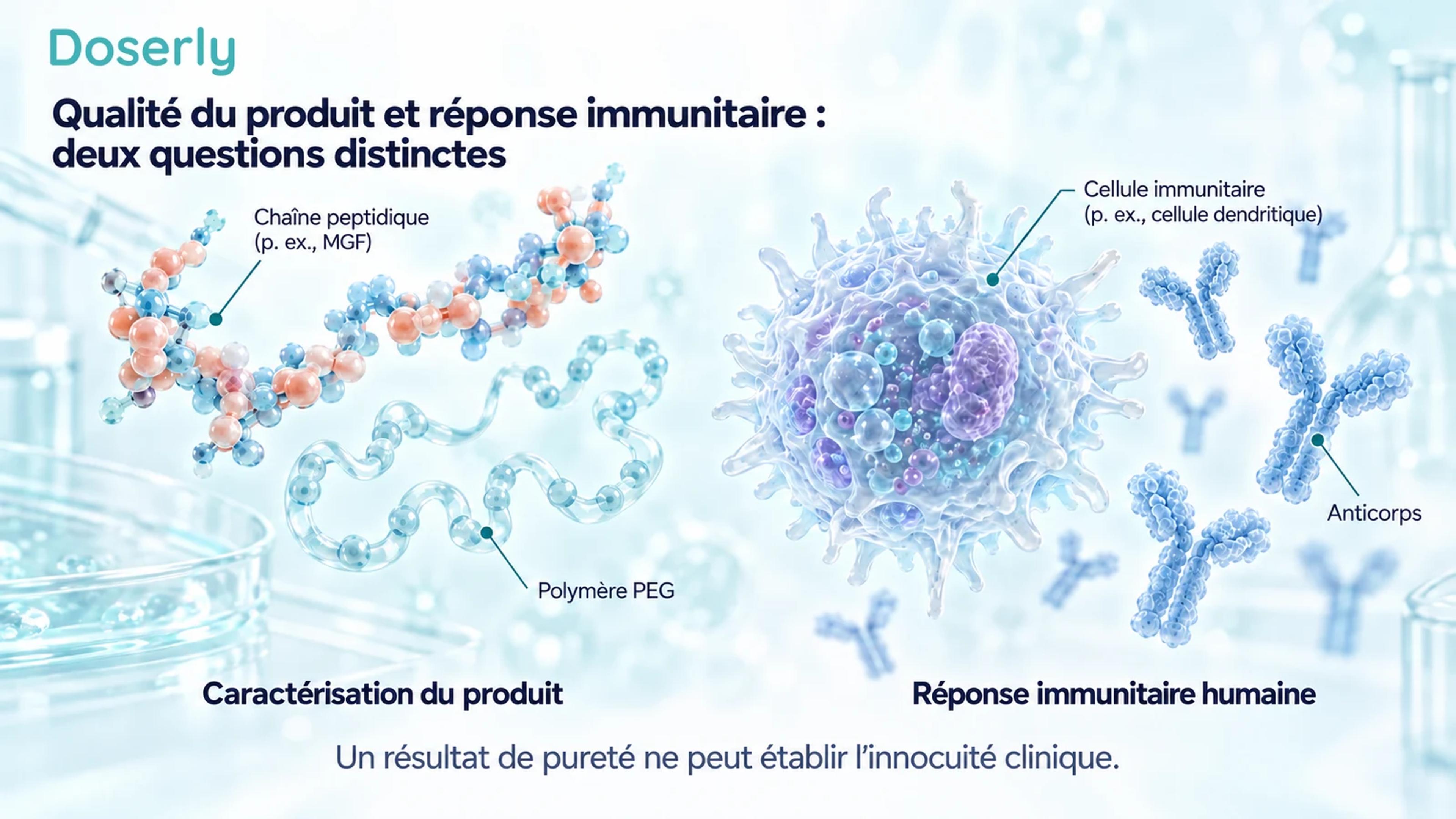 Une structure conceptuelle de peptide et de PEG est présentée séparément d’illustrations détaillées de cellules immunitaires et d’anticorps.