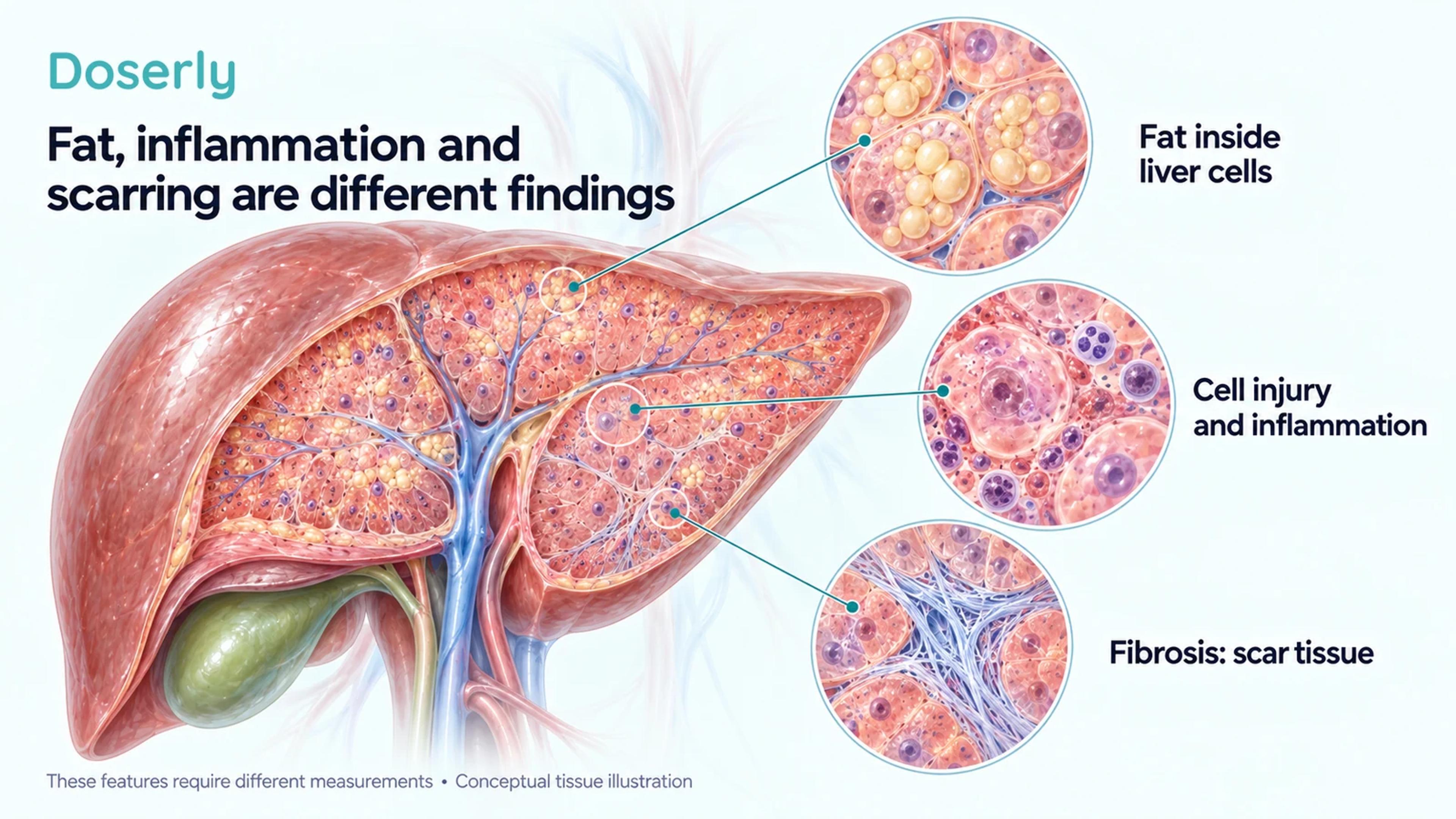 A detailed liver cutaway with separate magnifications of fat droplets, injured cells with inflammation, and collagen scar tissue.
