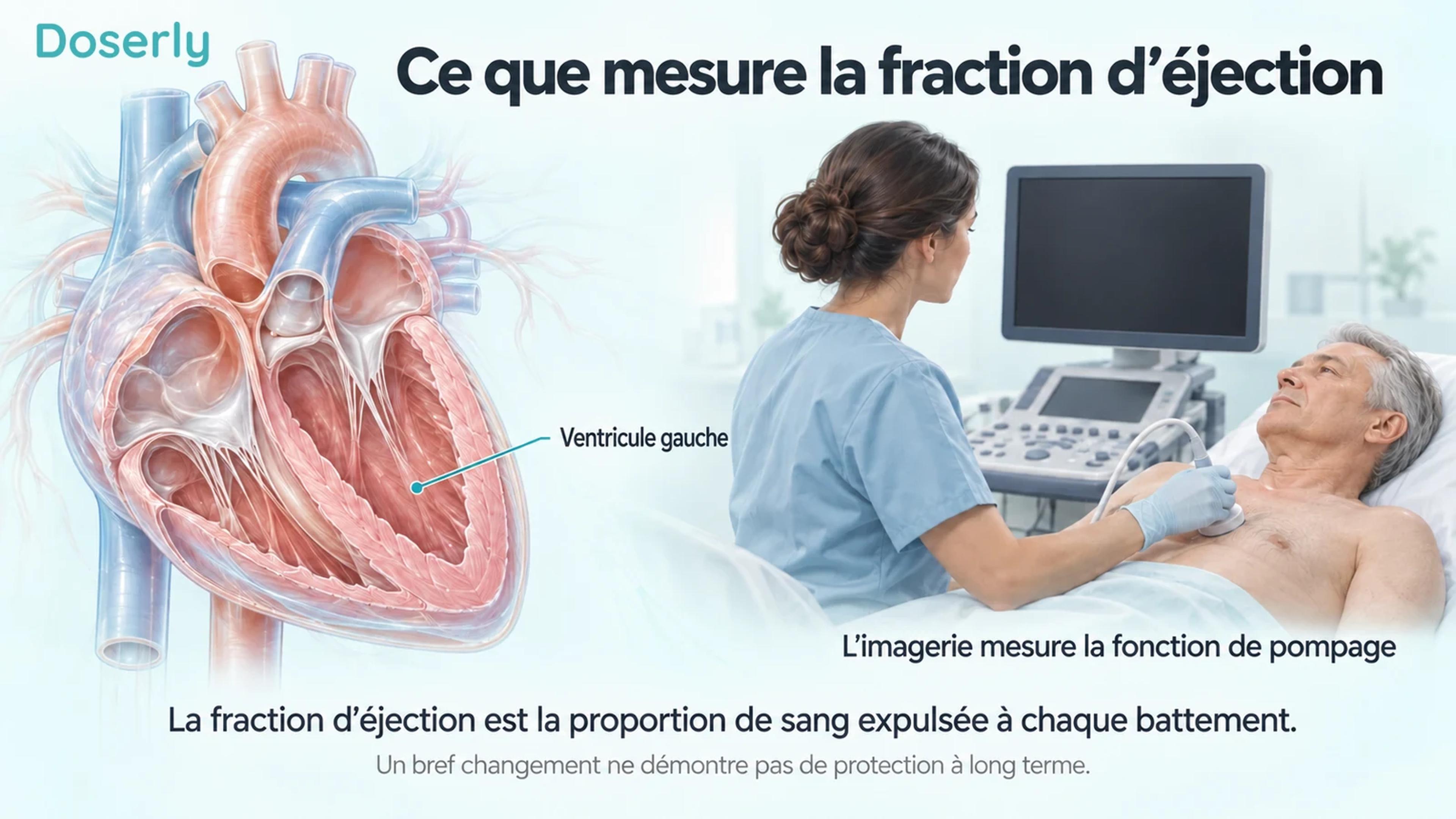 Une vue en coupe du cœur et un examen d’échocardiographie expliquent comment la fonction de pompage est mesurée.
