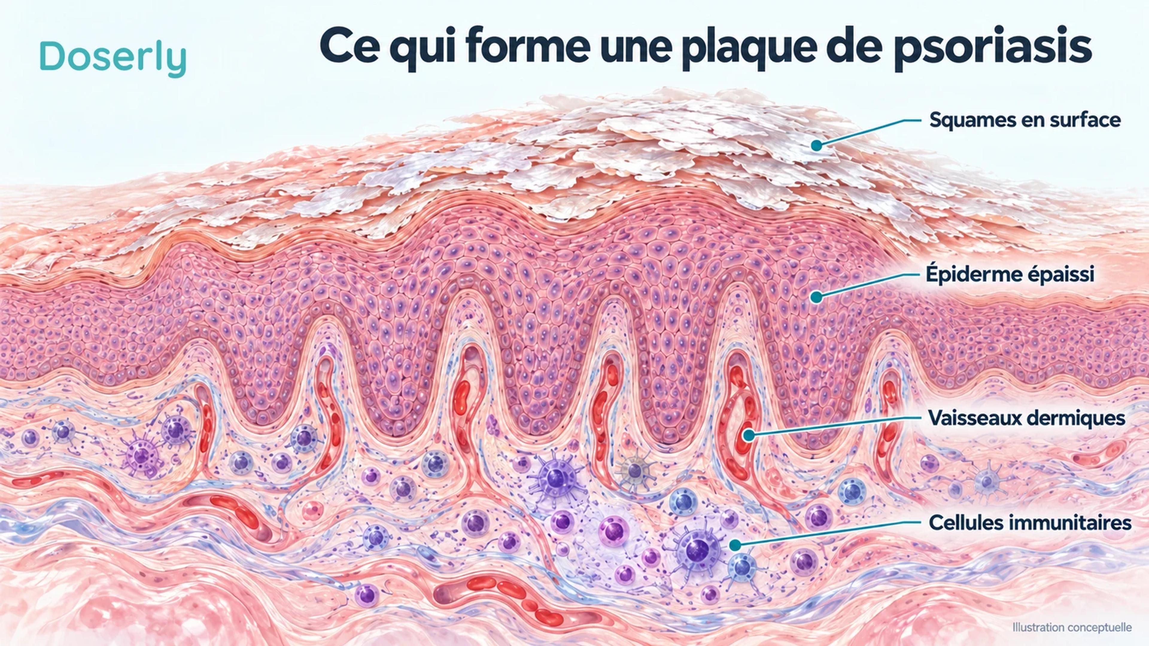 Coupe conceptuelle d’une plaque de psoriasis montrant un épiderme épaissi, des squames en surface et de petits vaisseaux dans les papilles dermiques.