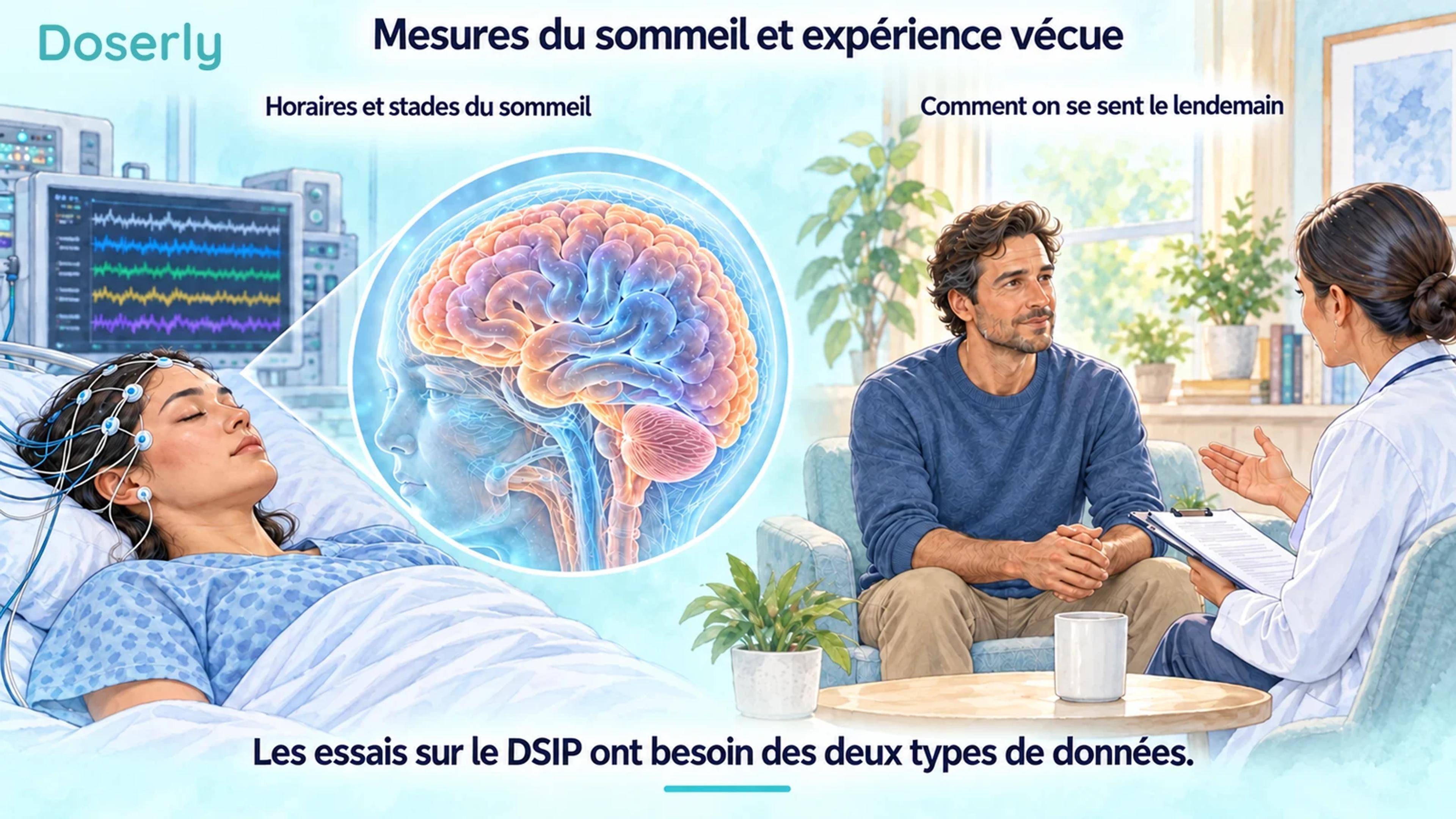 Une scène de laboratoire du sommeil avec une illustration du cerveau, à côté d’une scène distincte où un patient et un clinicien discutent de l’expérience durant la journée.