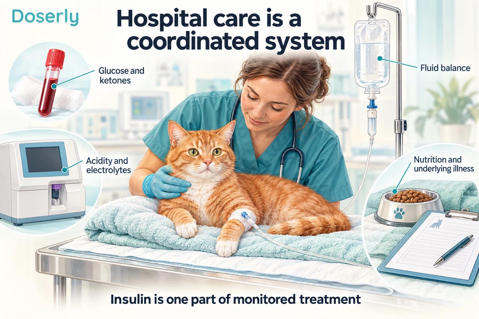 A veterinarian cares for a hospitalized cat, surrounded by illustrations of blood testing, an analyzer, fluids and nutrition.