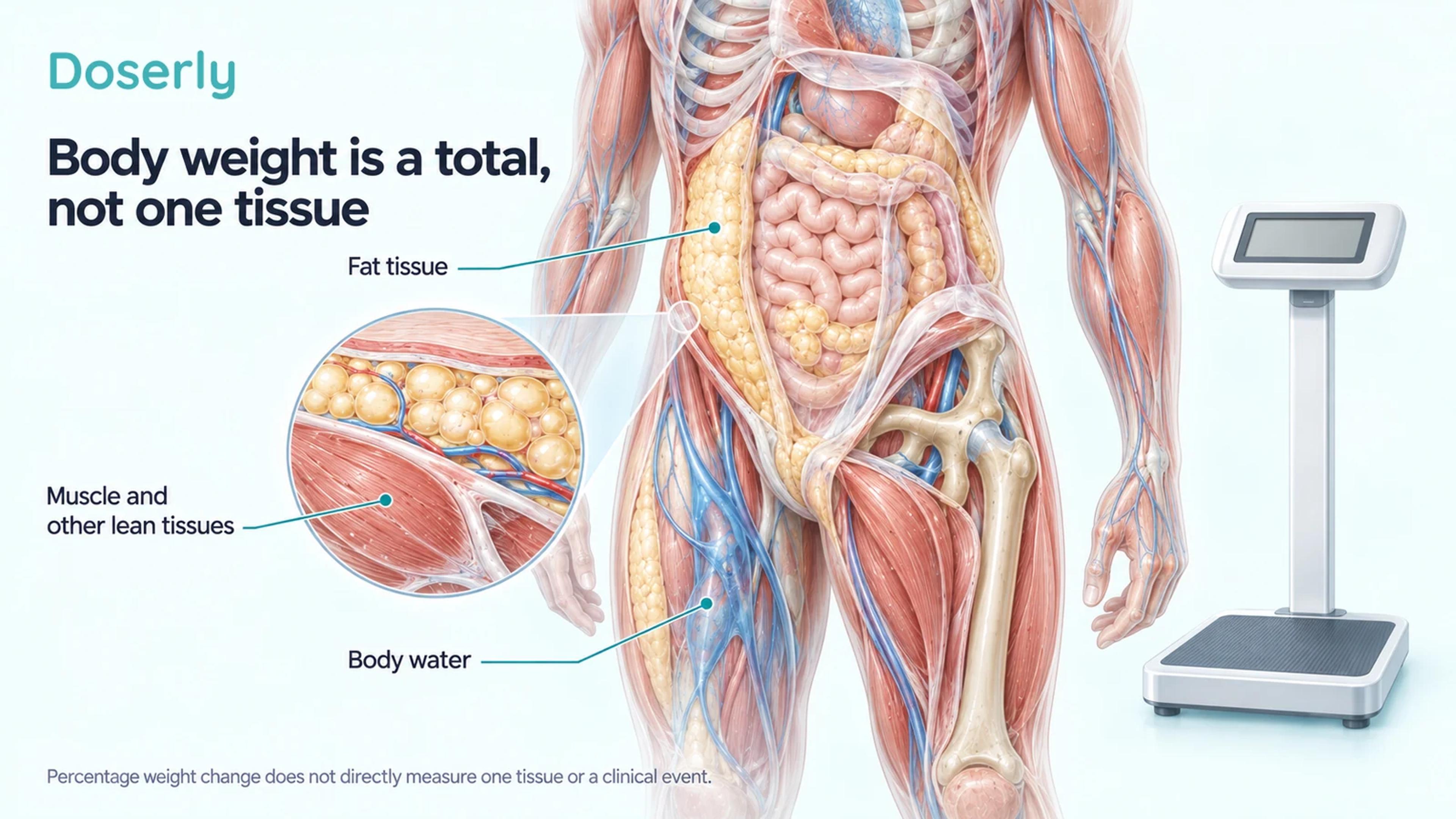 Translucent body anatomy showing fat, muscle and other lean tissues, and body water beside a clinic scale.