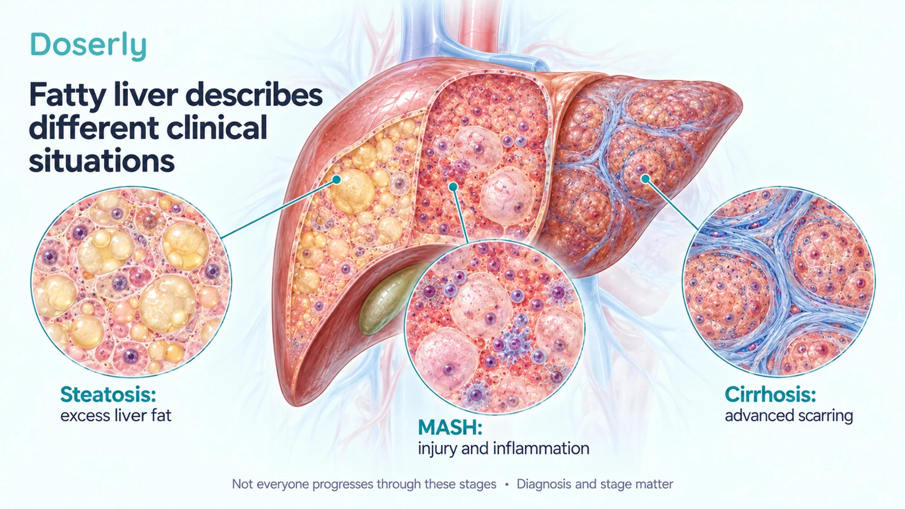 Detailed conceptual liver tissue showing steatosis, MASH and cirrhosis as distinct clinical situations.