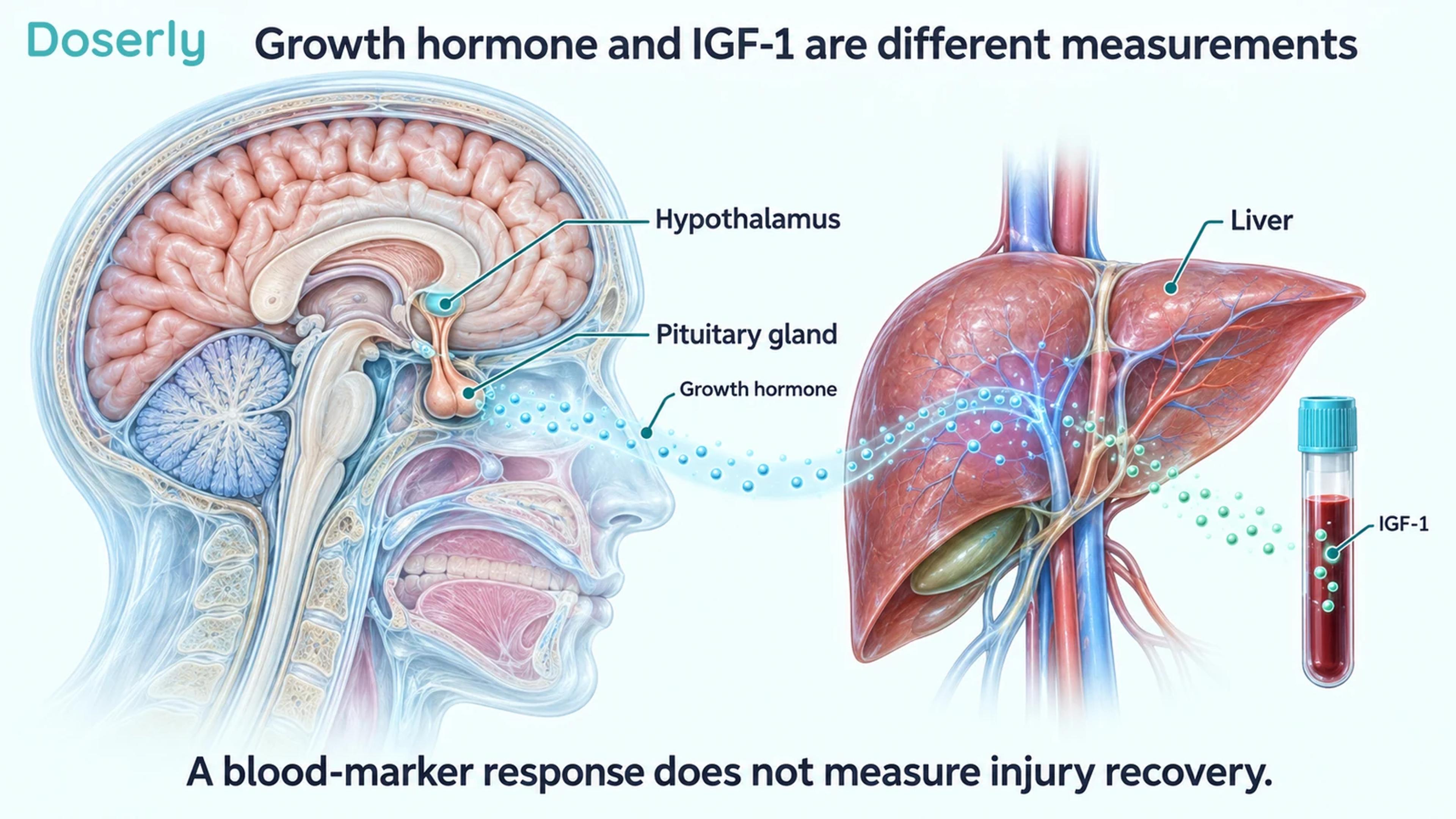 Brain, pituitary and liver anatomy showing growth hormone and IGF-1 as separate measurements.