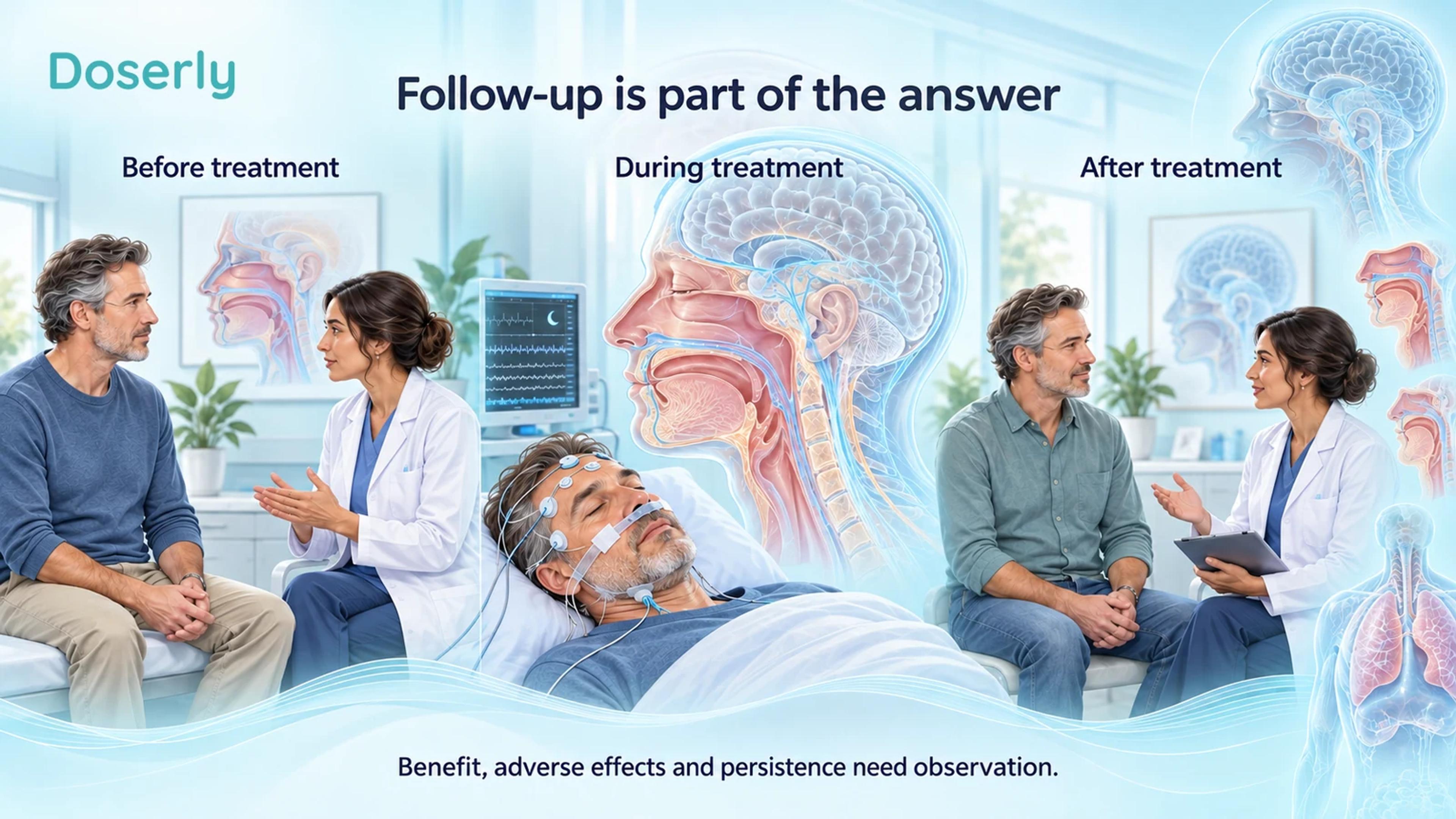 Baseline assessment, sleep recording during treatment and a later clinical follow-up shown in three scenes.
