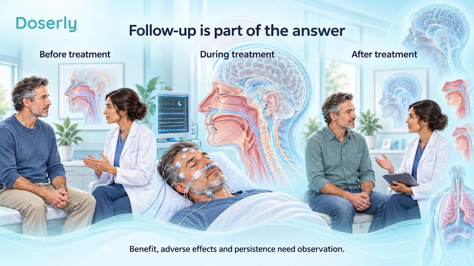 Baseline assessment, sleep recording during treatment and a later clinical follow-up shown in three scenes.