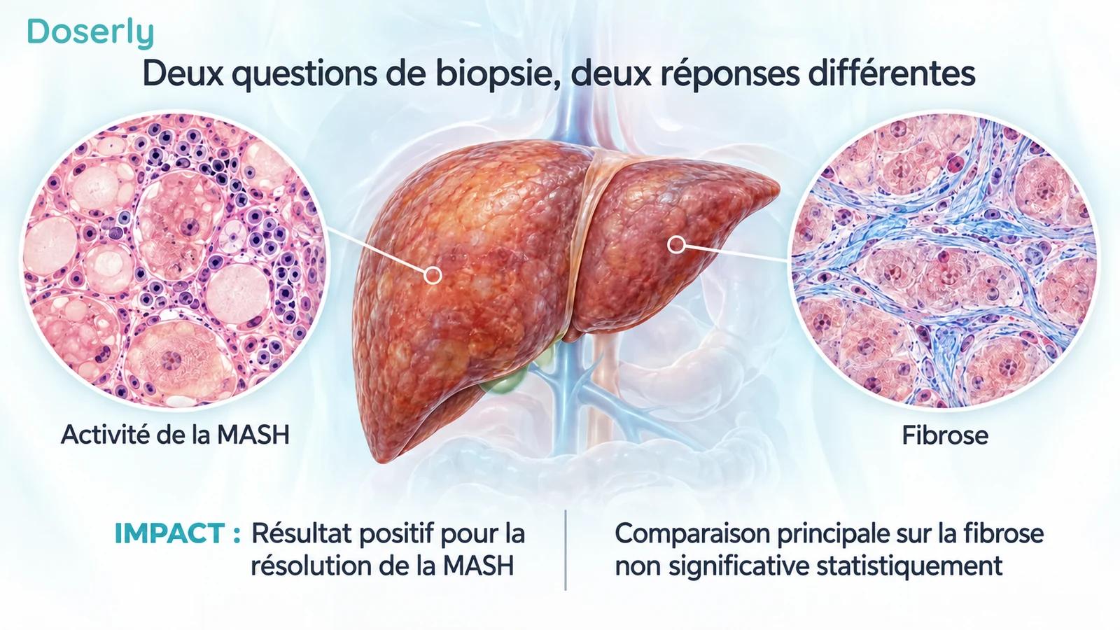 Foie et encadrés de tissus distinguant l’activité de la MASH de la fibrose, avec les deux conclusions d’IMPACT présentées séparément.