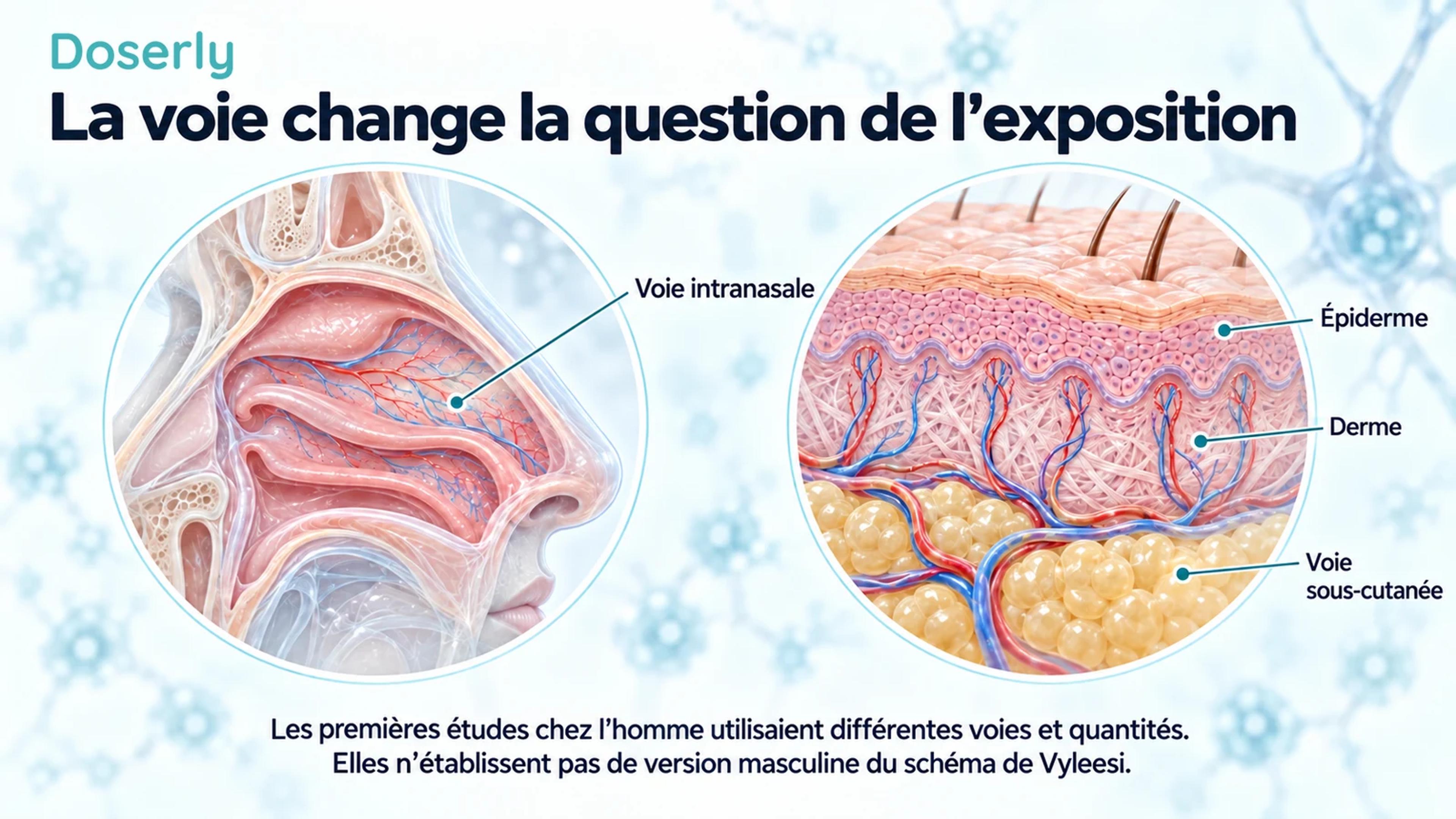 Une vue détaillée de la muqueuse nasale et une coupe de la peau distinguent les voies d’administration intranasale et sous-cutanée.