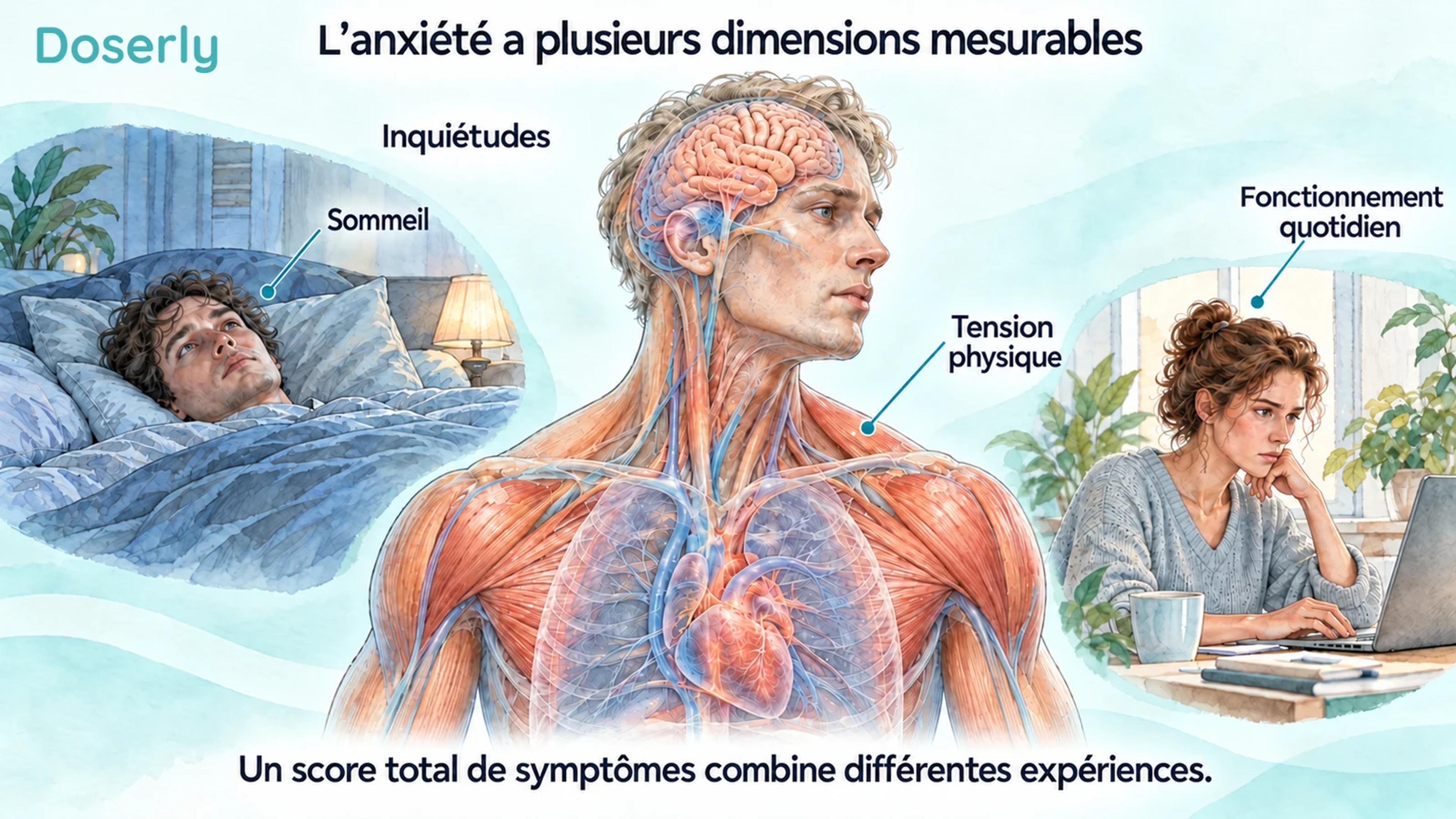 Illustration anatomique d’un adulte montrant le cerveau et les muscles des épaules, à côté de scènes de sommeil et de concentration au quotidien.