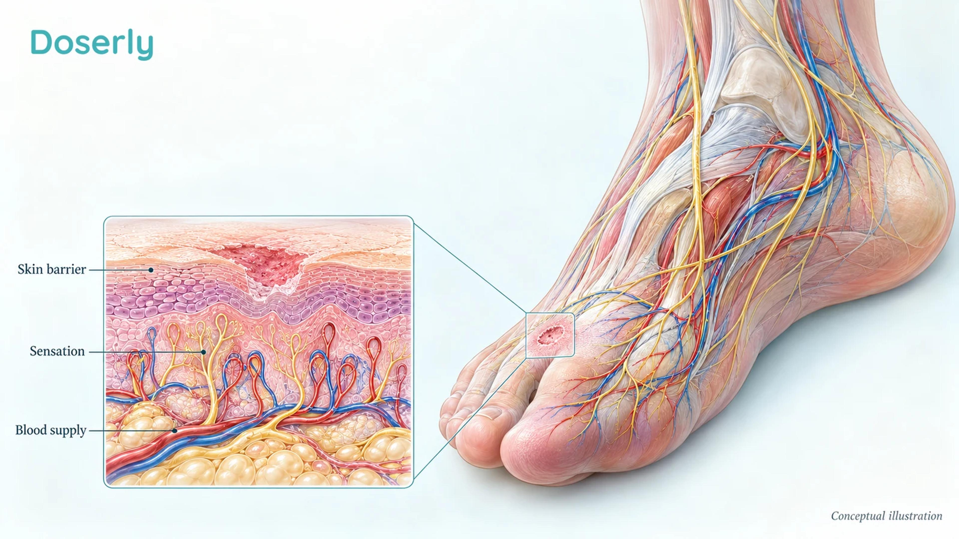 A foot teaching model shows a small forefoot skin defect with nearby blood vessels and nerves, beside an enlarged skin cross-section.