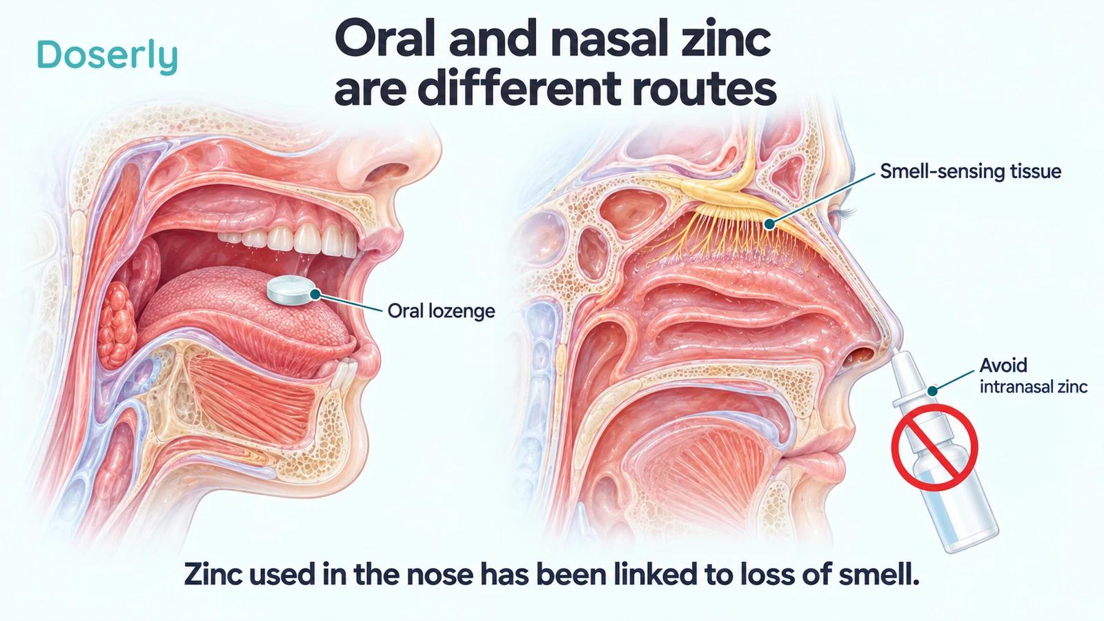 Oral lozenge exposure is contrasted with nasal anatomy and smell-sensing tissue, alongside a crossed-out nasal spray.