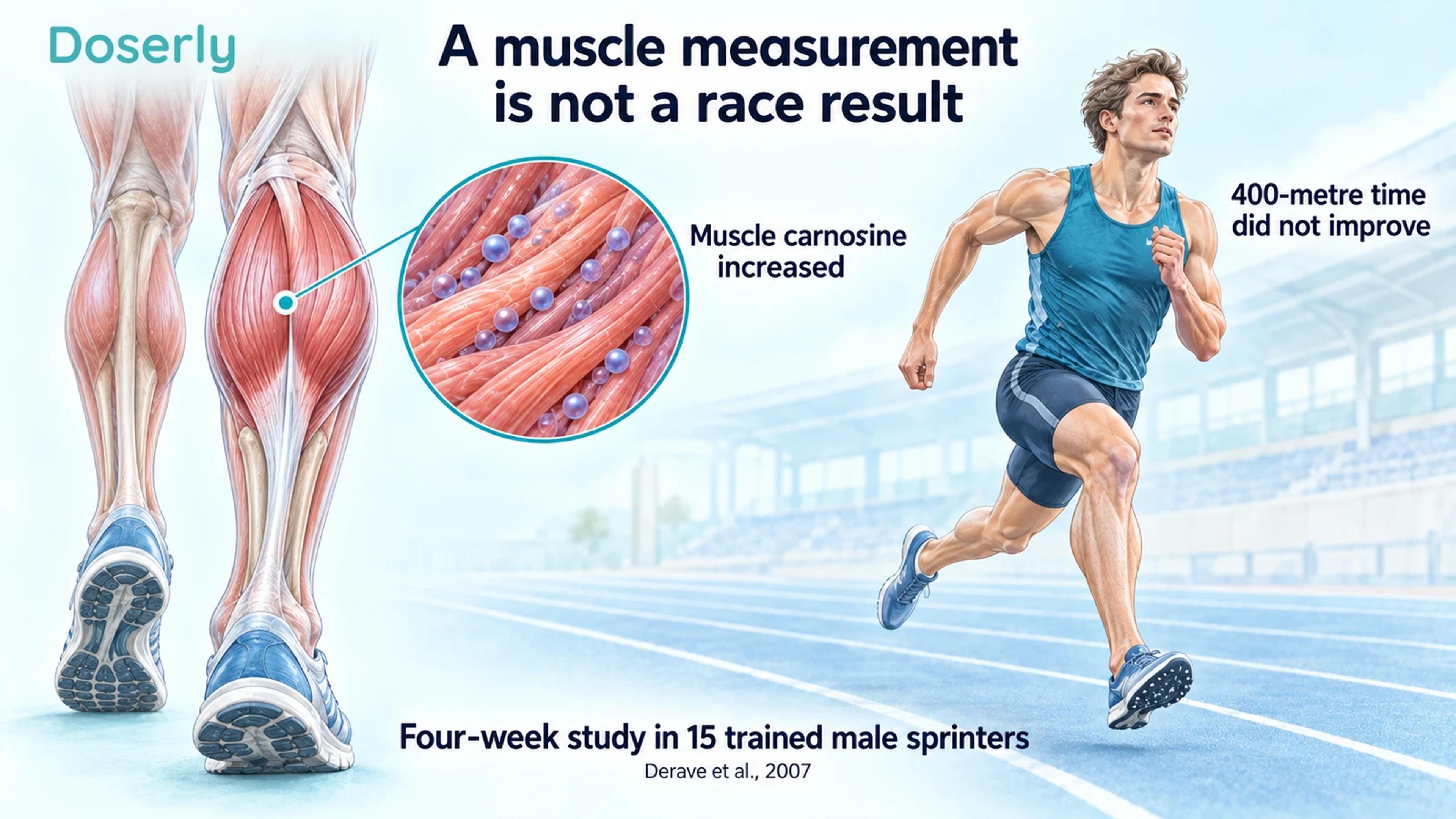 Illustrated calf-muscle anatomy with conceptual carnosine markers beside a sprinter on a track.