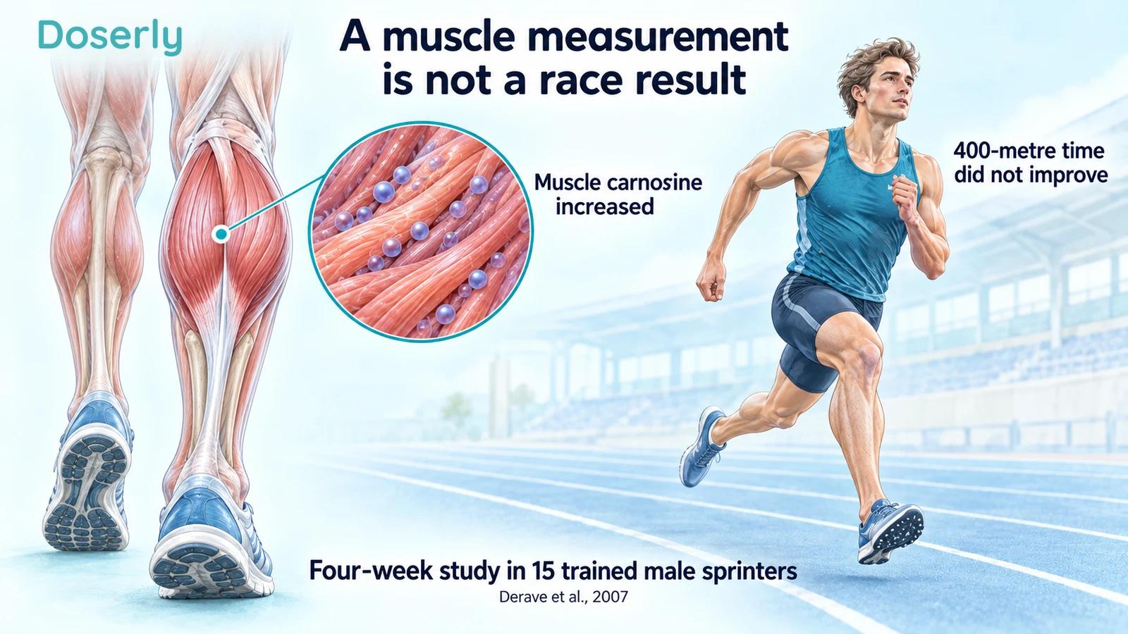 Illustrated calf-muscle anatomy with conceptual carnosine markers beside a sprinter on a track.