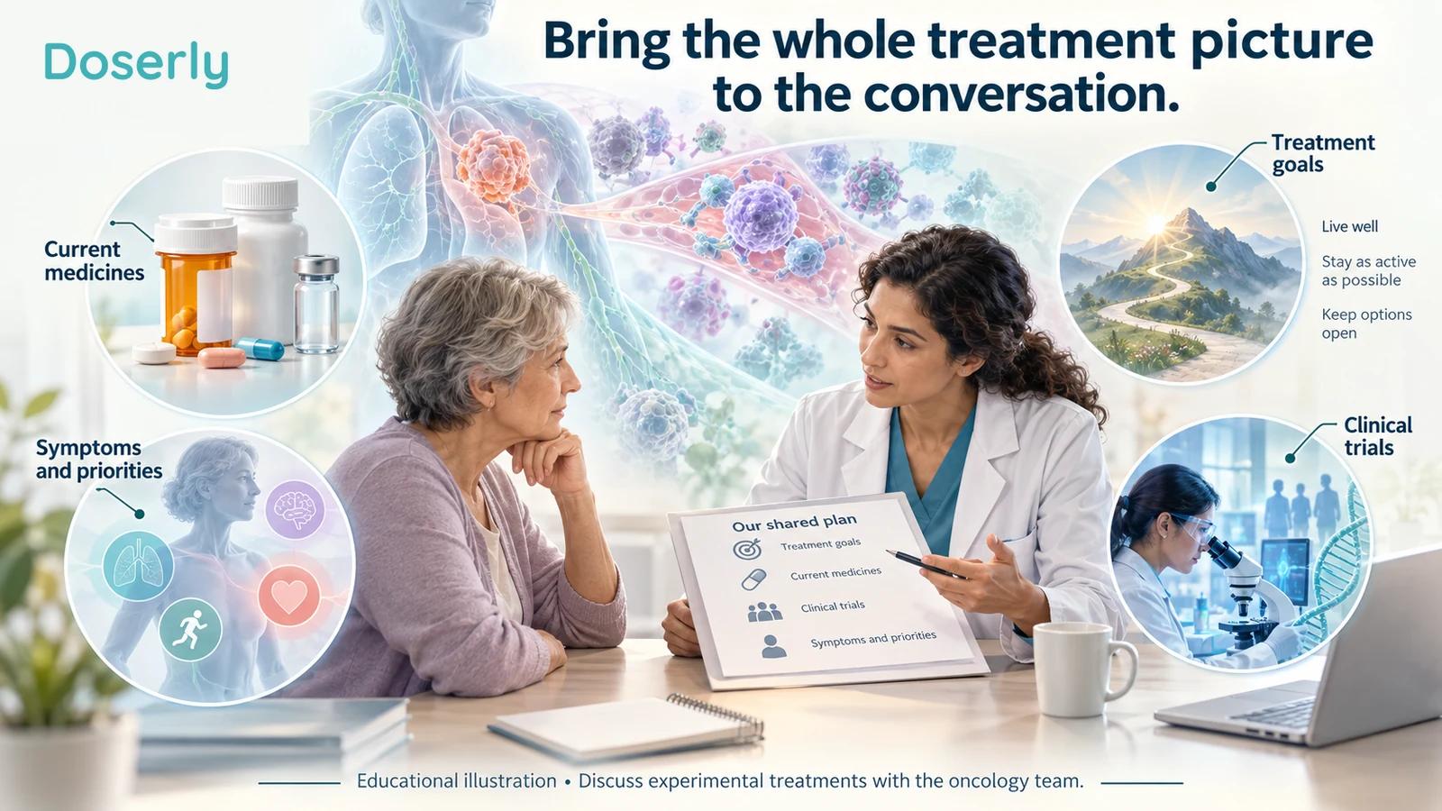 Educational illustration of a patient and oncologist discussing medicines, symptoms, clinical trials and personal treatment goals.
