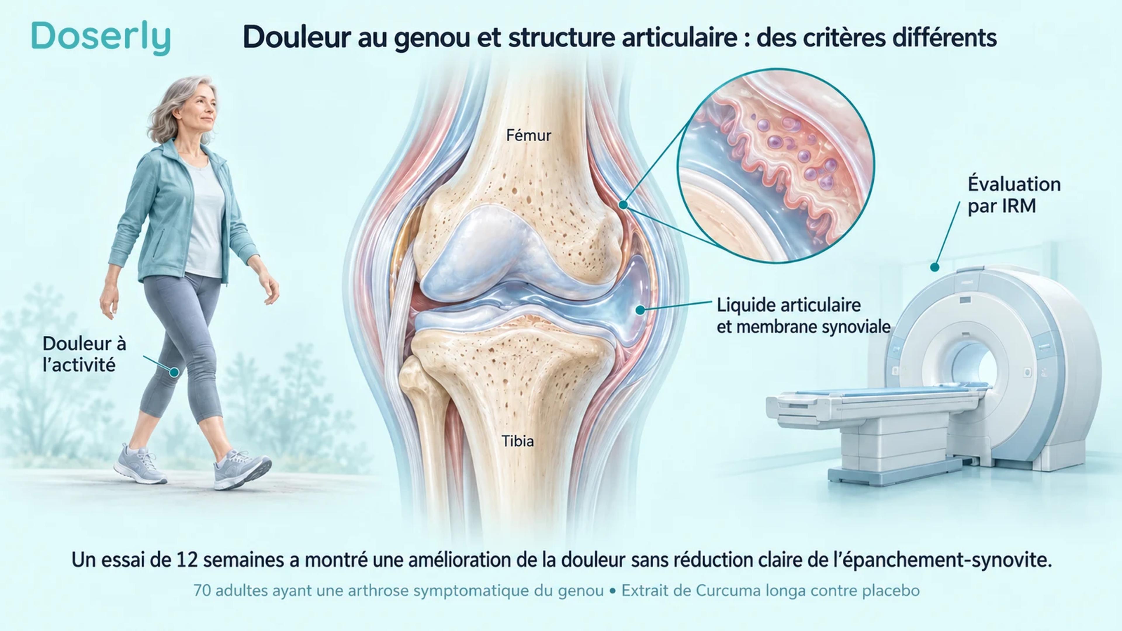 Une vue en coupe du genou, un adulte qui marche et un appareil d’IRM illustrent la différence entre l’évaluation de la douleur et l’imagerie articulaire.
