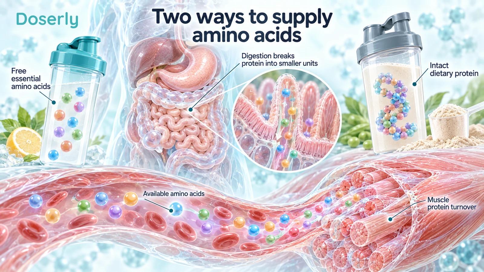 Free amino acids and an intact protein chain appear beside digestive anatomy, intestinal villi and a shared bloodstream amino-acid supply.