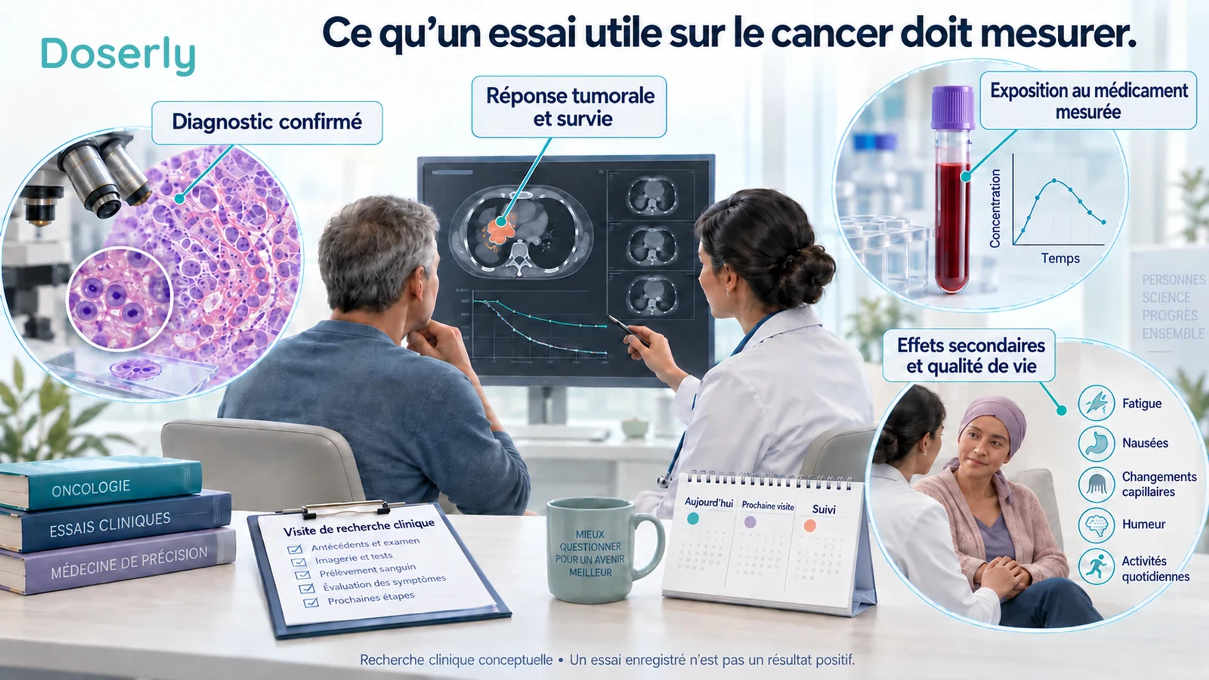 Visite conceptuelle de recherche clinique illustrant la confirmation du diagnostic, les mesures d’exposition au médicament, les résultats tumoraux et l’évaluation de la qualité de vie.