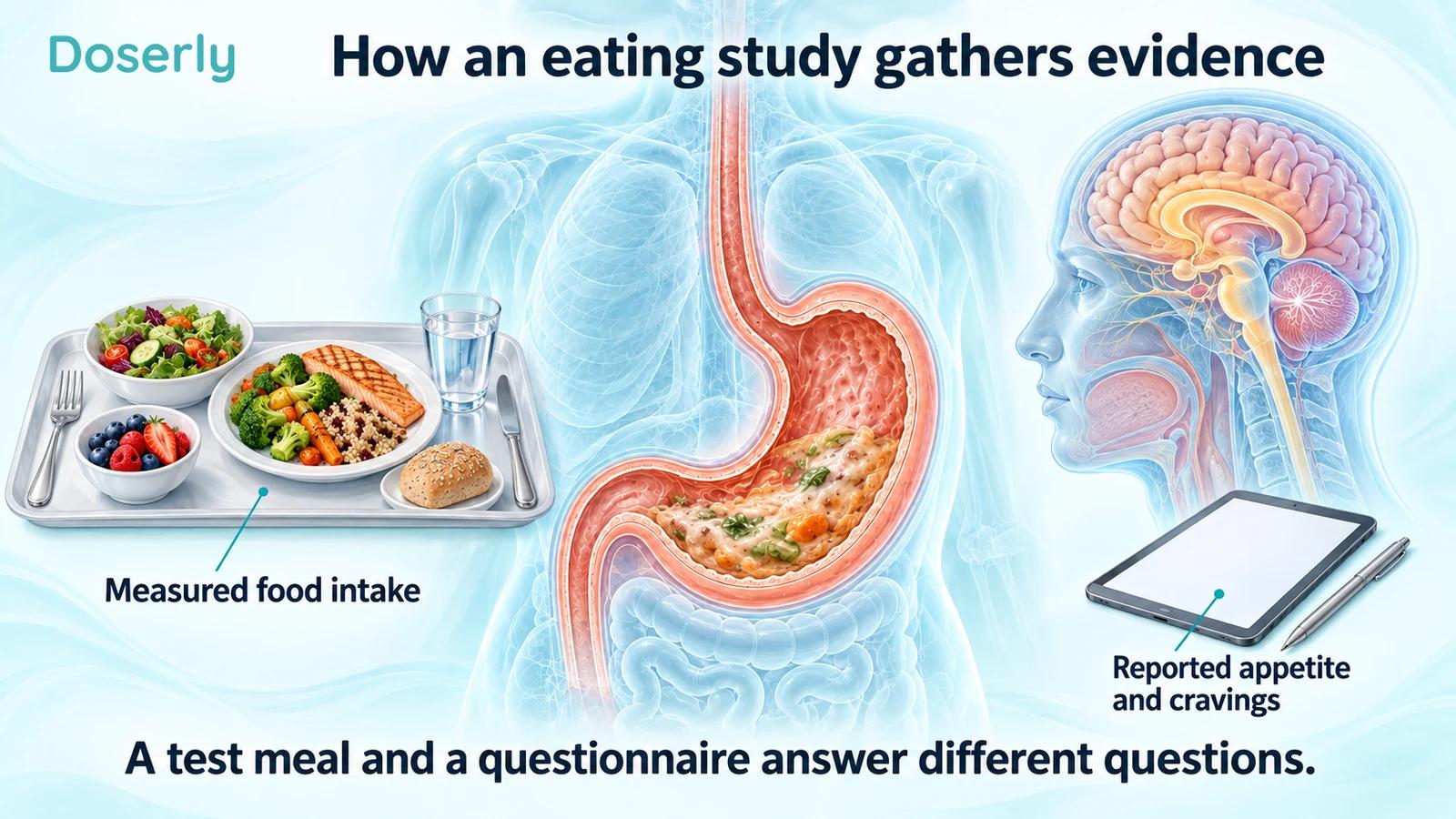 Illustrated test meal, detailed stomach and brain anatomy, and a blank questionnaire tablet.