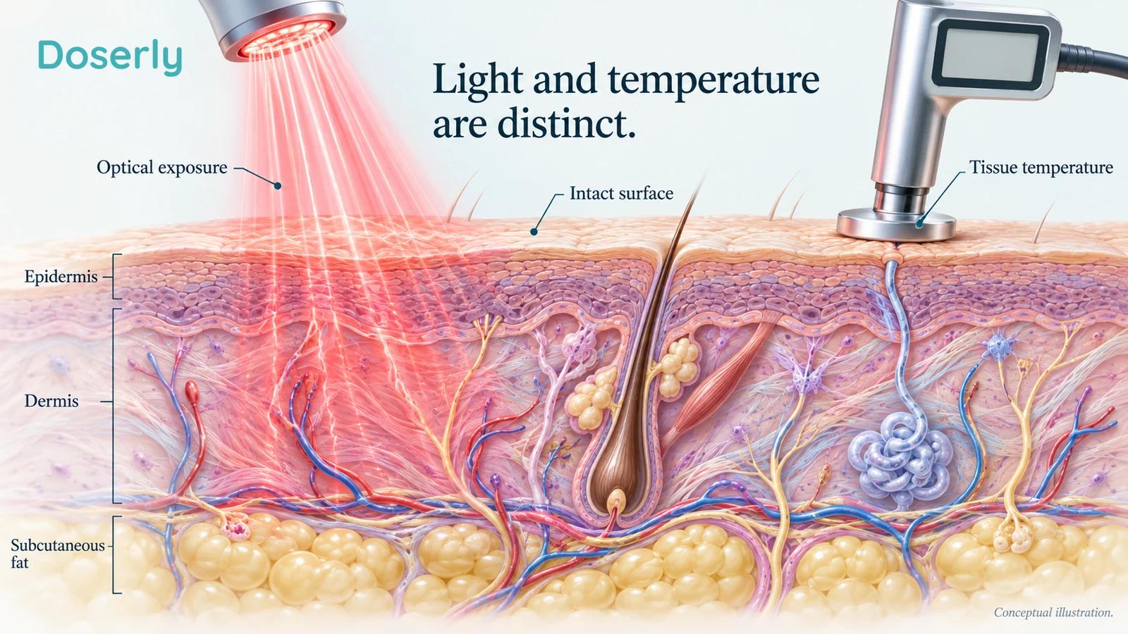 A detailed skin cross-section sits beside separate conceptual light and temperature indicators without a burn or an efficacy claim.
