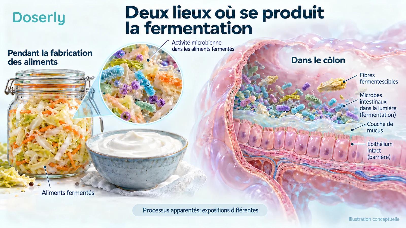 Du chou fermenté et du yogourt à côté d’une coupe transversale du côlon, distinguant l’activité microbienne pendant la fabrication des aliments de la fermentation des fibres dans l’intestin.