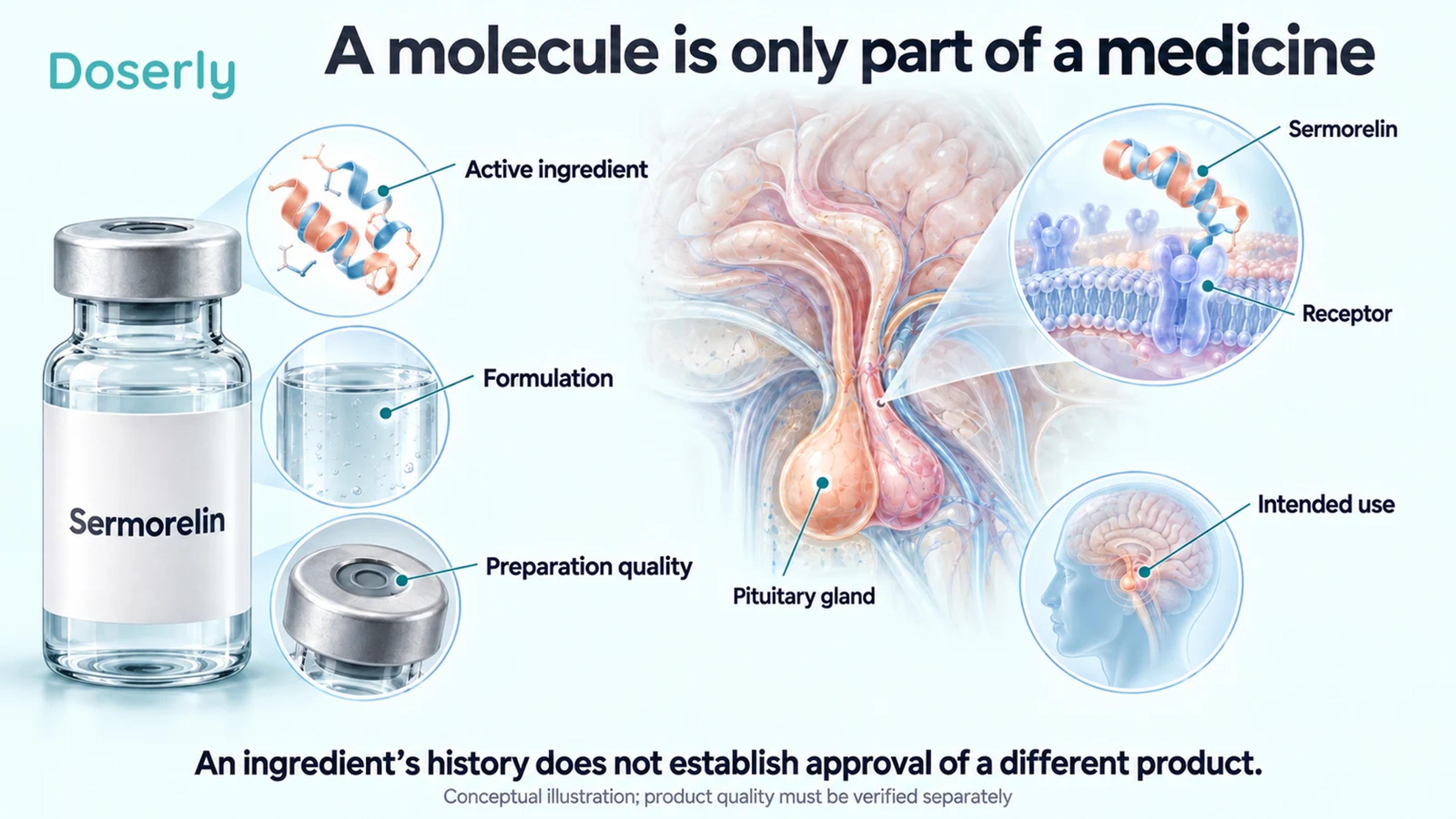 Illustrated medicine vial, formulation and closure details beside pituitary anatomy and a conceptual receptor inset.