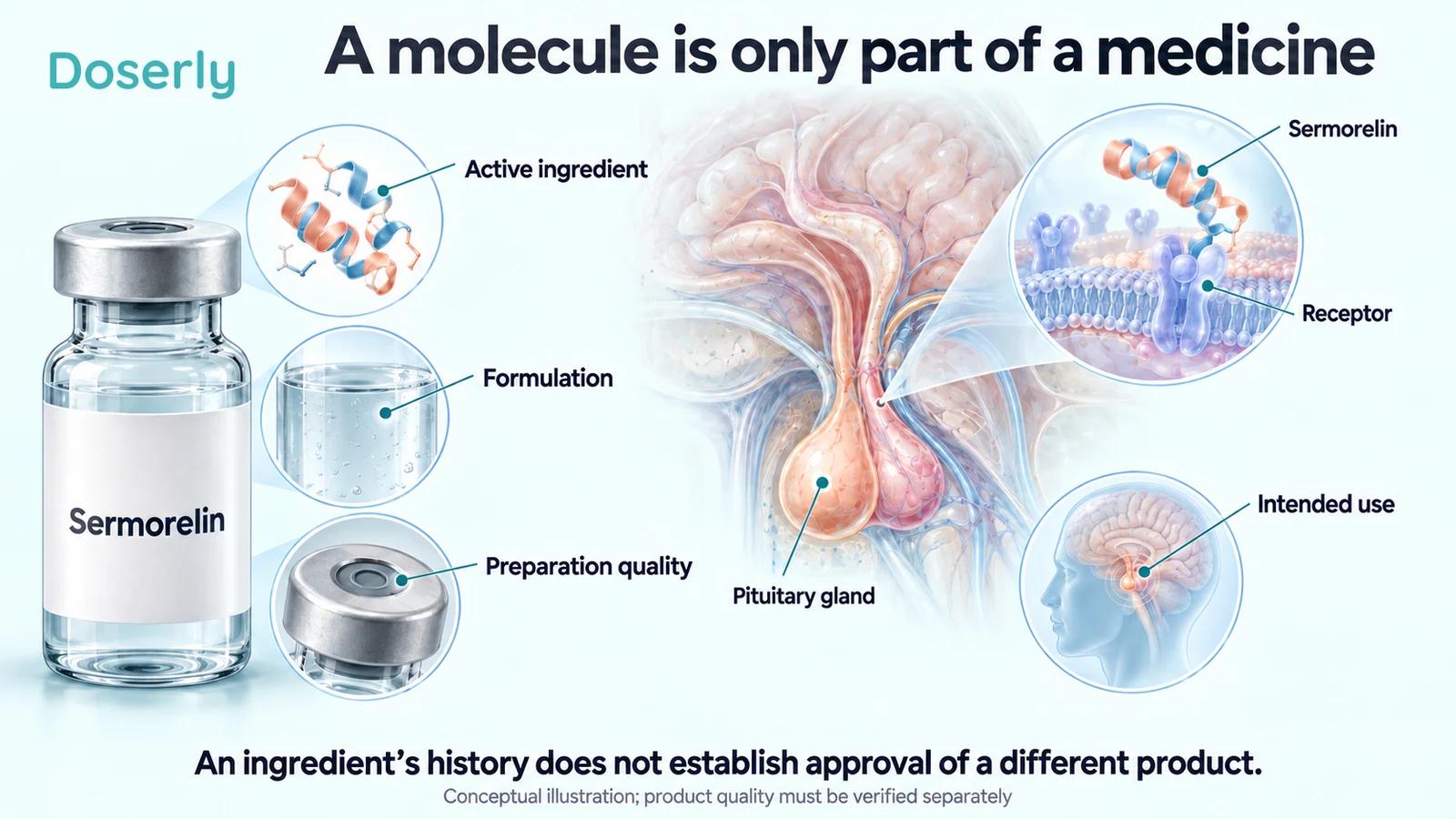 Illustrated medicine vial, formulation and closure details beside pituitary anatomy and a conceptual receptor inset.