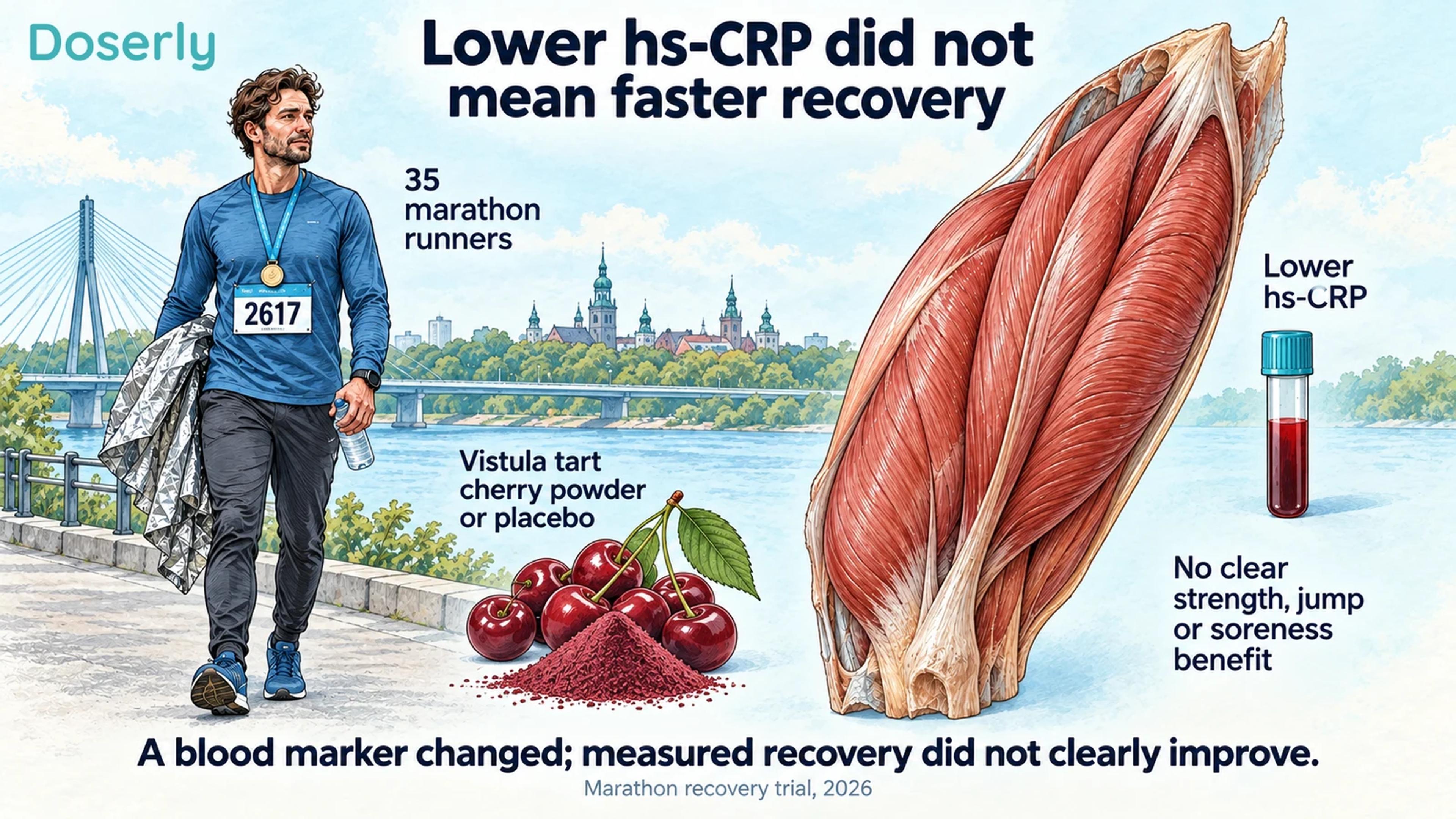 A fully clothed marathon runner, separate muscle illustration and blood sample accompany the Vistula trial findings.