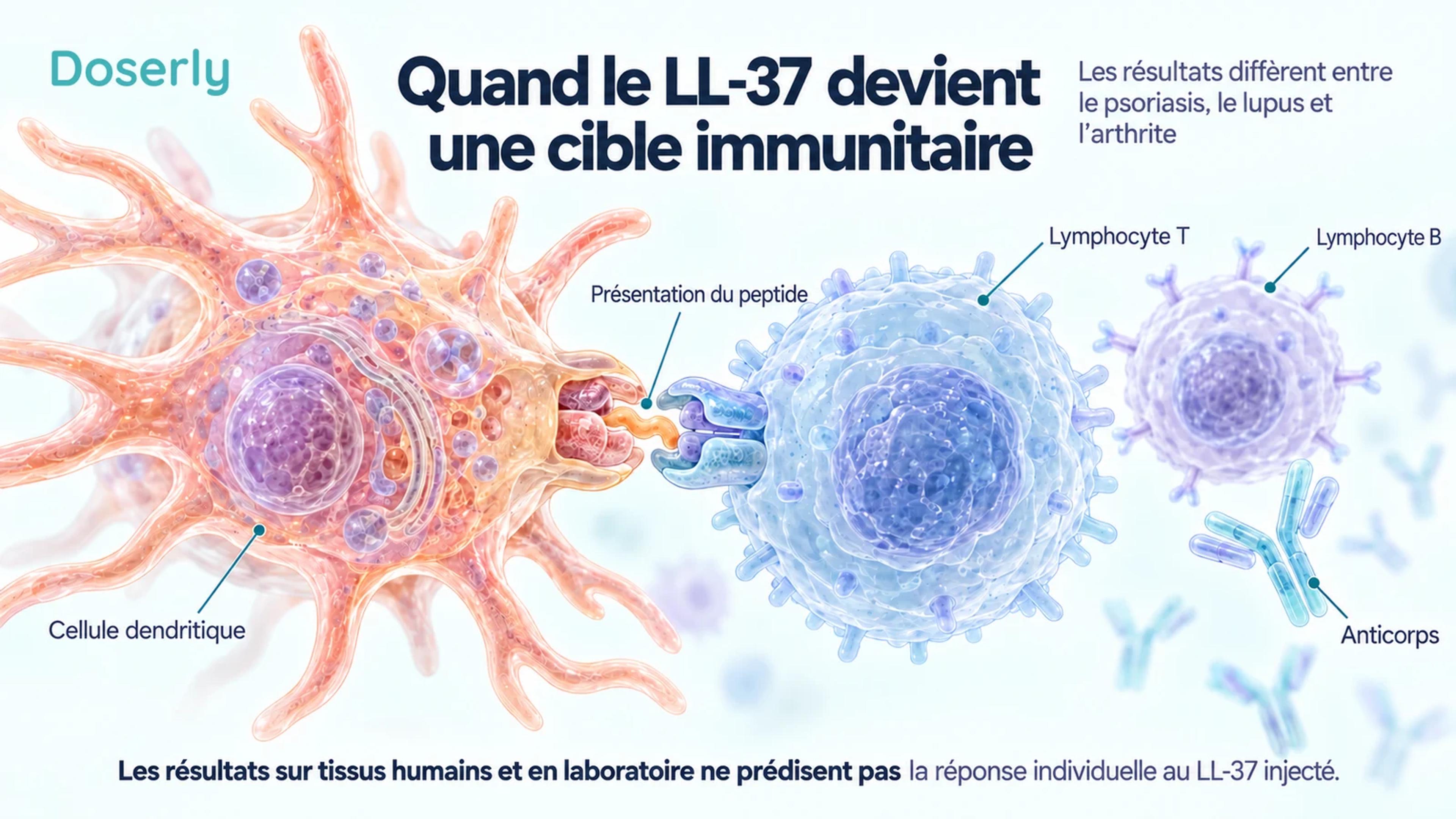 Illustration conceptuelle détaillée de la présentation d’un peptide à un lymphocyte T, avec un lymphocyte B et un anticorps séparés.