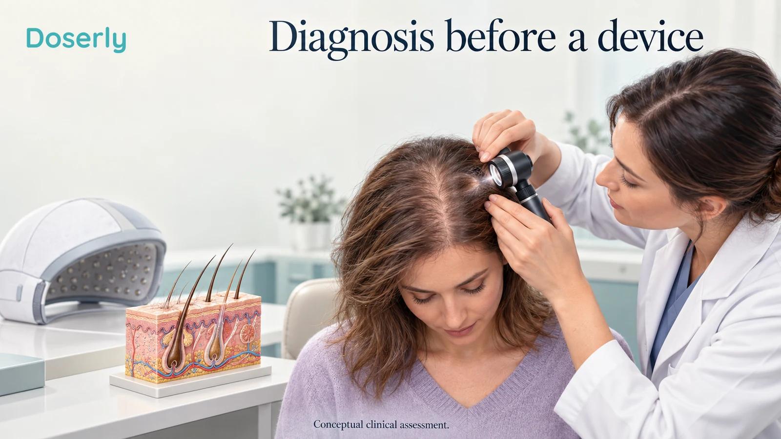 A clinician examines a woman's scalp with a dermatoscope while an unlit light helmet and follicle model sit nearby.