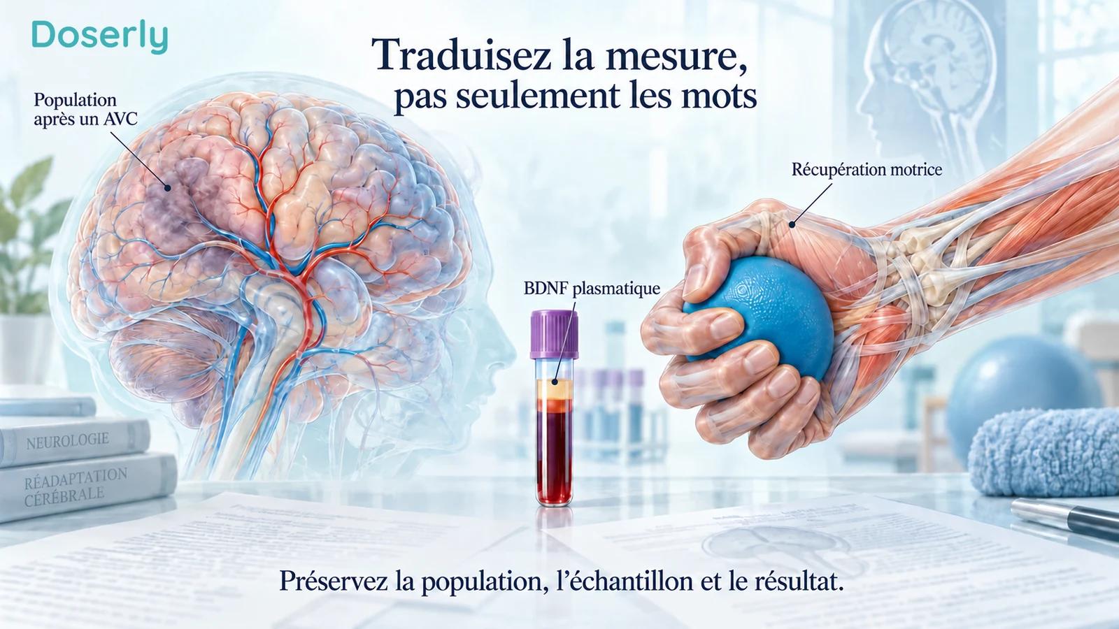 Vue détaillée d’un cerveau, d’un échantillon de sang et d’une main en réadaptation illustrant la population, l’échantillon et le résultat qu’une traduction doit préserver.