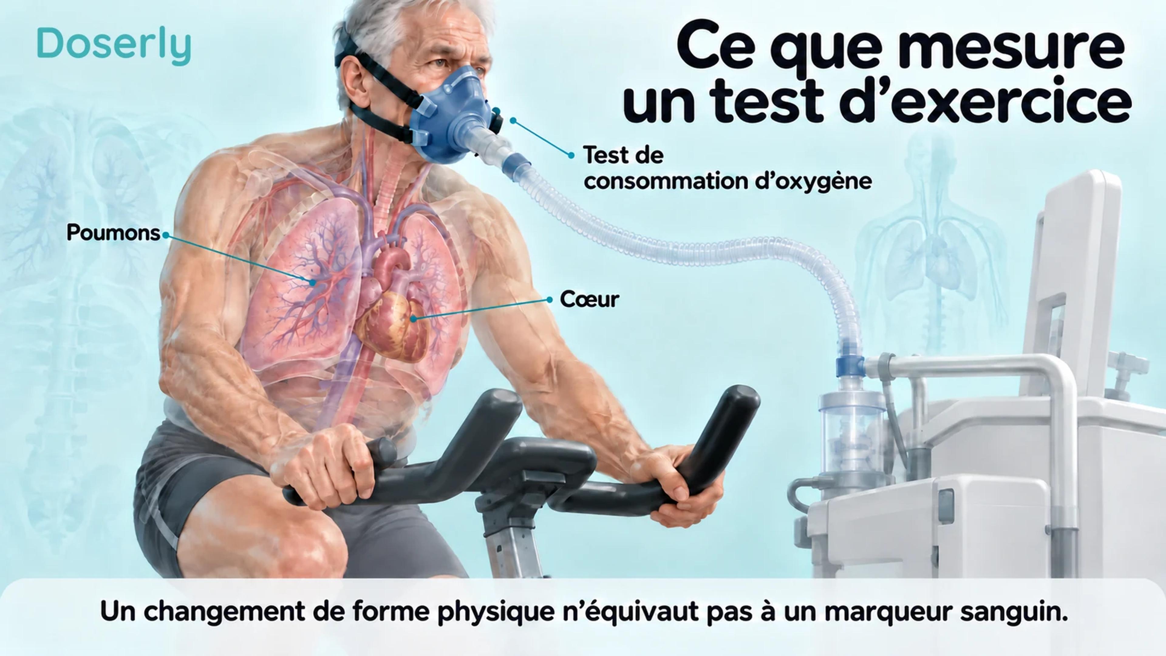 Homme âgé sur un vélo d’exercice portant un masque de test respiratoire, avec des illustrations du cœur et des poumons.