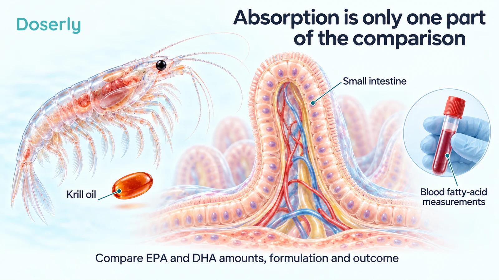 Translucent krill beside an oil capsule, an enlarged intestinal villus and a separate blood sample.